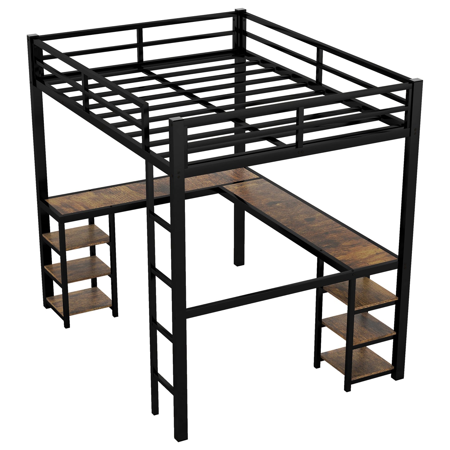 Full metal loft bed with desk and shelf, loft bed with ladder and guardrail, bedroom loft bed frame, black