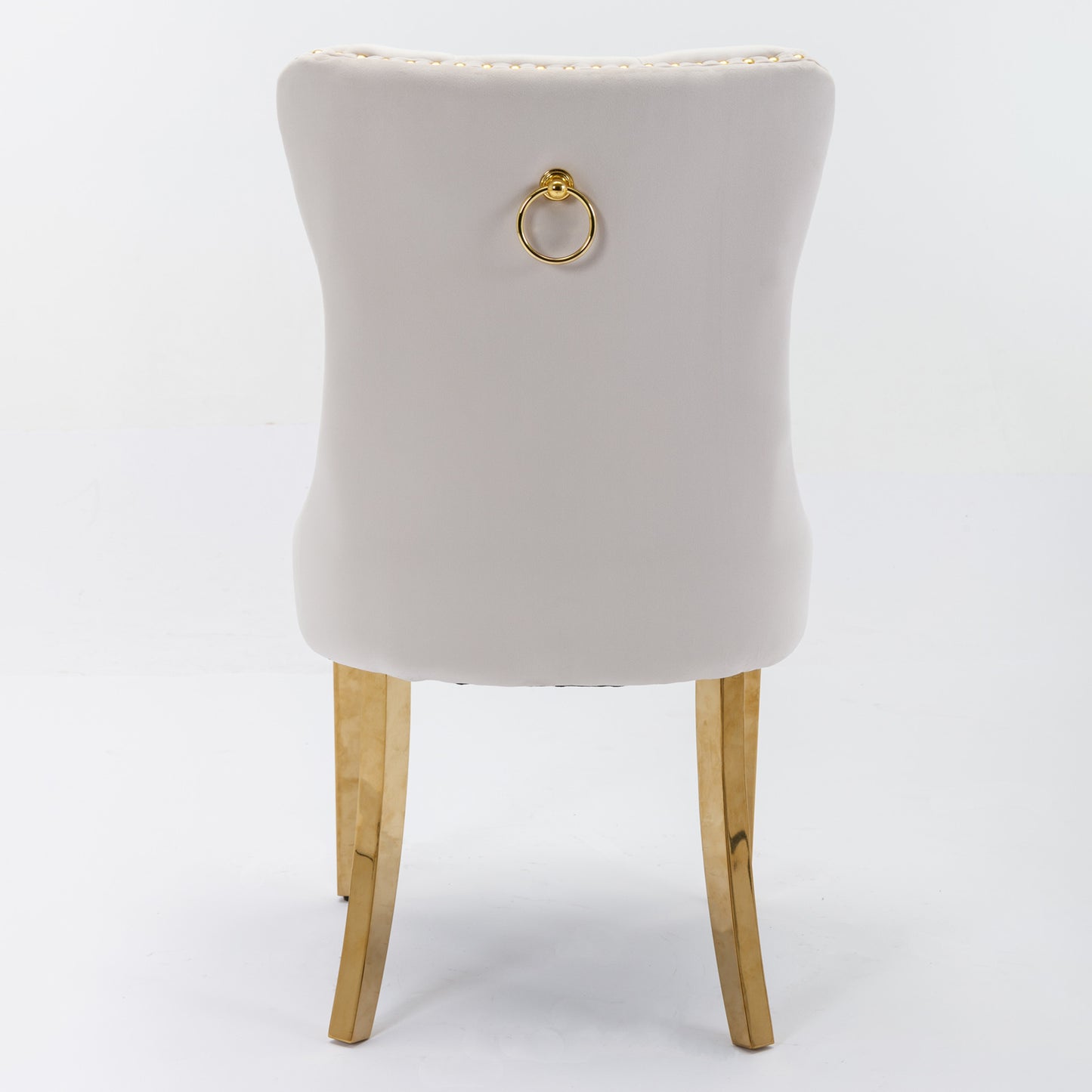 Tufted solid wood velvet soft cushion dining chair gold stainless steel plated leg nail head set of 2 pieces beige and gold