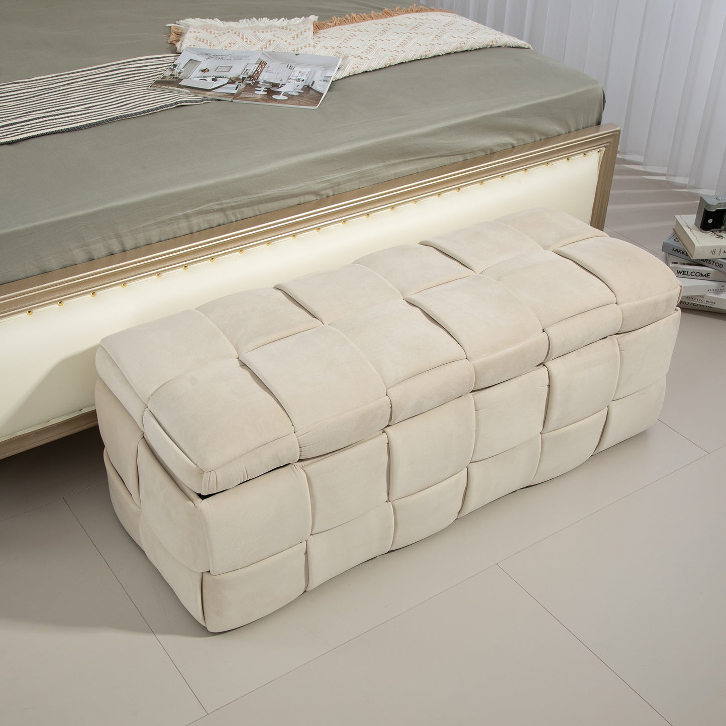 COOLMOR Ottoman-Stuhl mit Stauraum, Schlafzimmer-Beistelltisch, gepolsterter Eingangs-Fußhocker aus Stoff mit Sicherheitsscharnier (Beige)