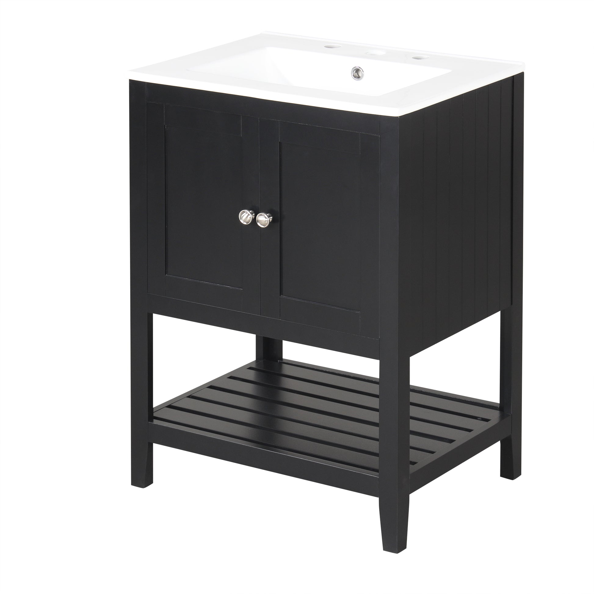 24" Black Modern Sleek Bathroom Vanity Elegant Ceramic Sink with Solid Wood Frame Open Style Shelf - NOVADI