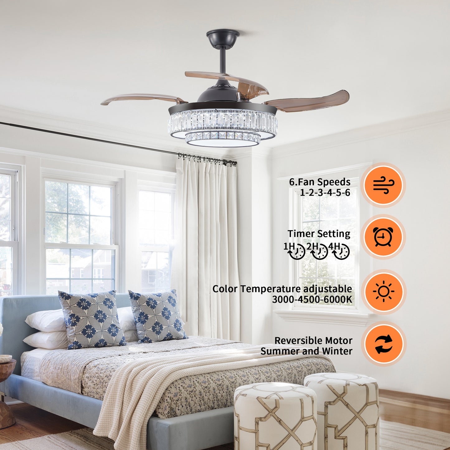 Modern LED retractable ceiling fan with lighting and remote control, silent reversible motor, 4-blade modern ceiling fan