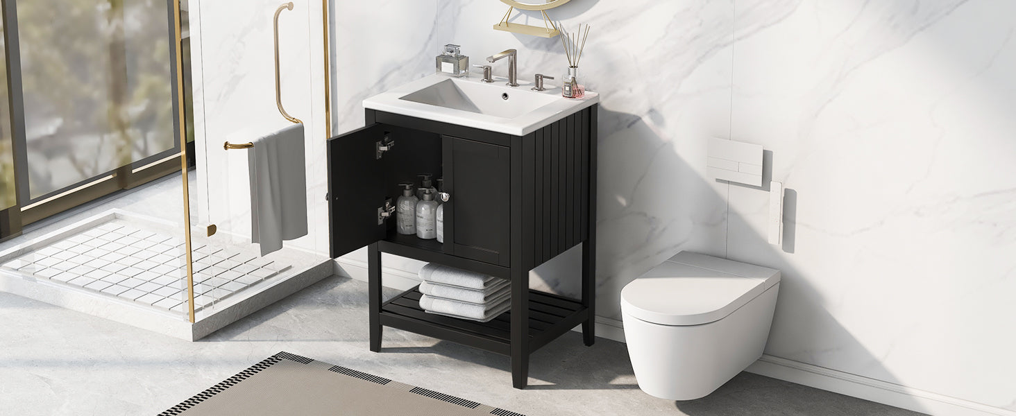 24" Black Modern Sleek Bathroom Vanity Elegant Ceramic Sink with Solid Wood Frame Open Style Shelf - NOVADI