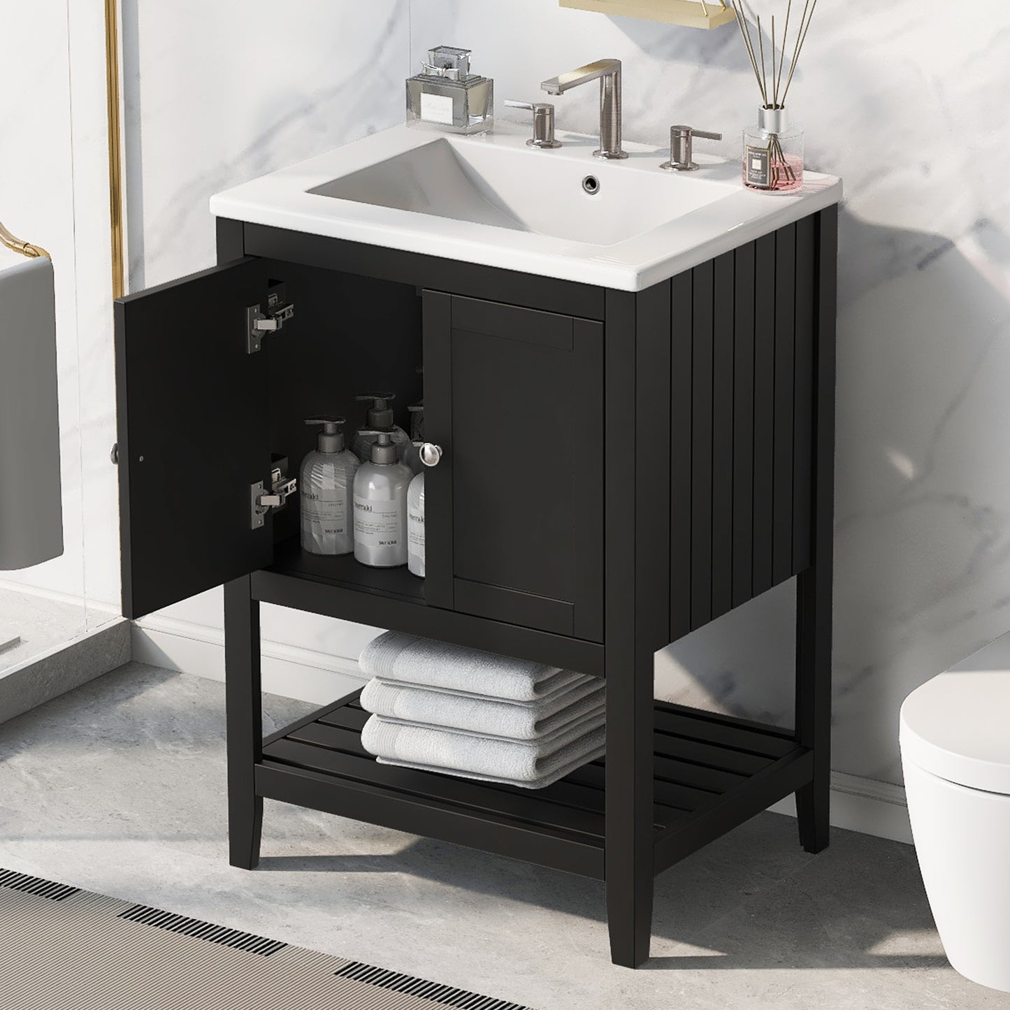 24" Black Modern Sleek Bathroom Vanity Elegant Ceramic Sink with Solid Wood Frame Open Style Shelf - NOVADI