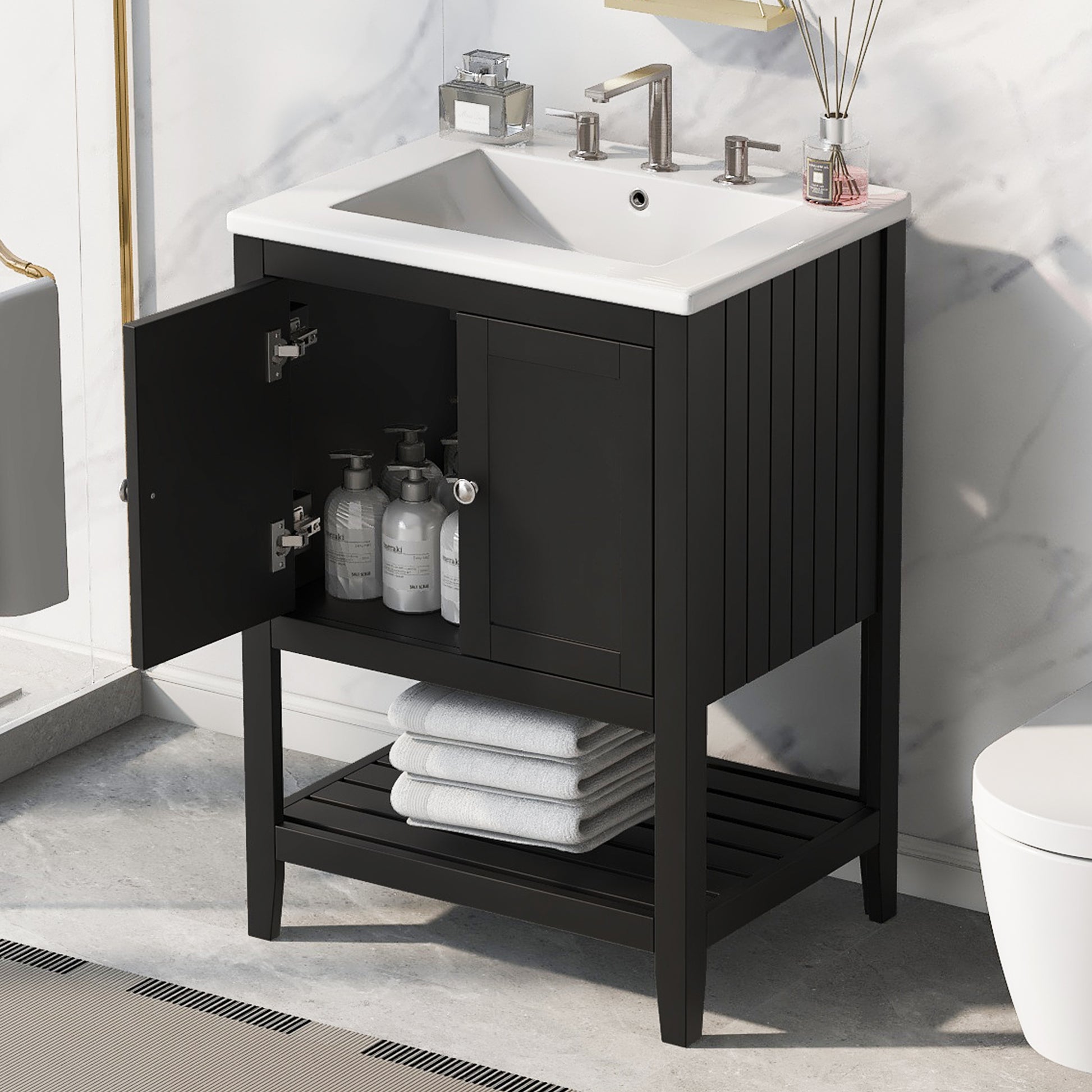 24" Black Modern Sleek Bathroom Vanity Elegant Ceramic Sink with Solid Wood Frame Open Style Shelf - NOVADI