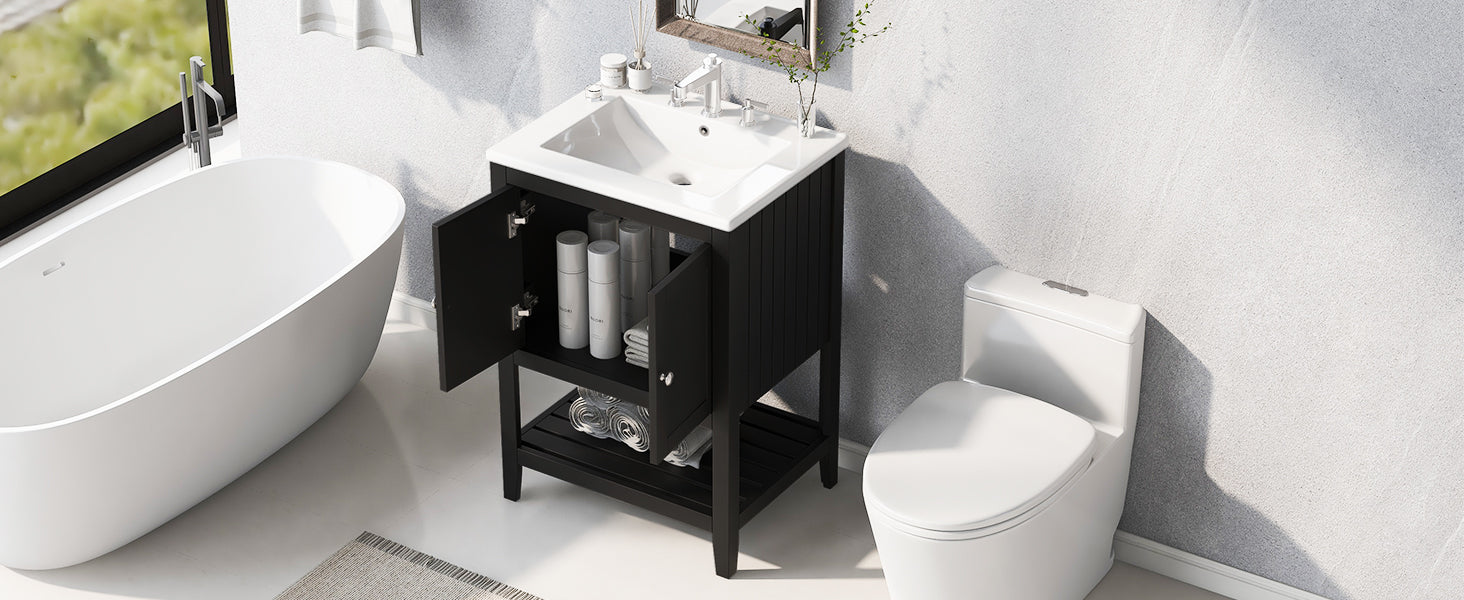 24" Black Modern Sleek Bathroom Vanity Elegant Ceramic Sink with Solid Wood Frame Open Style Shelf - NOVADI