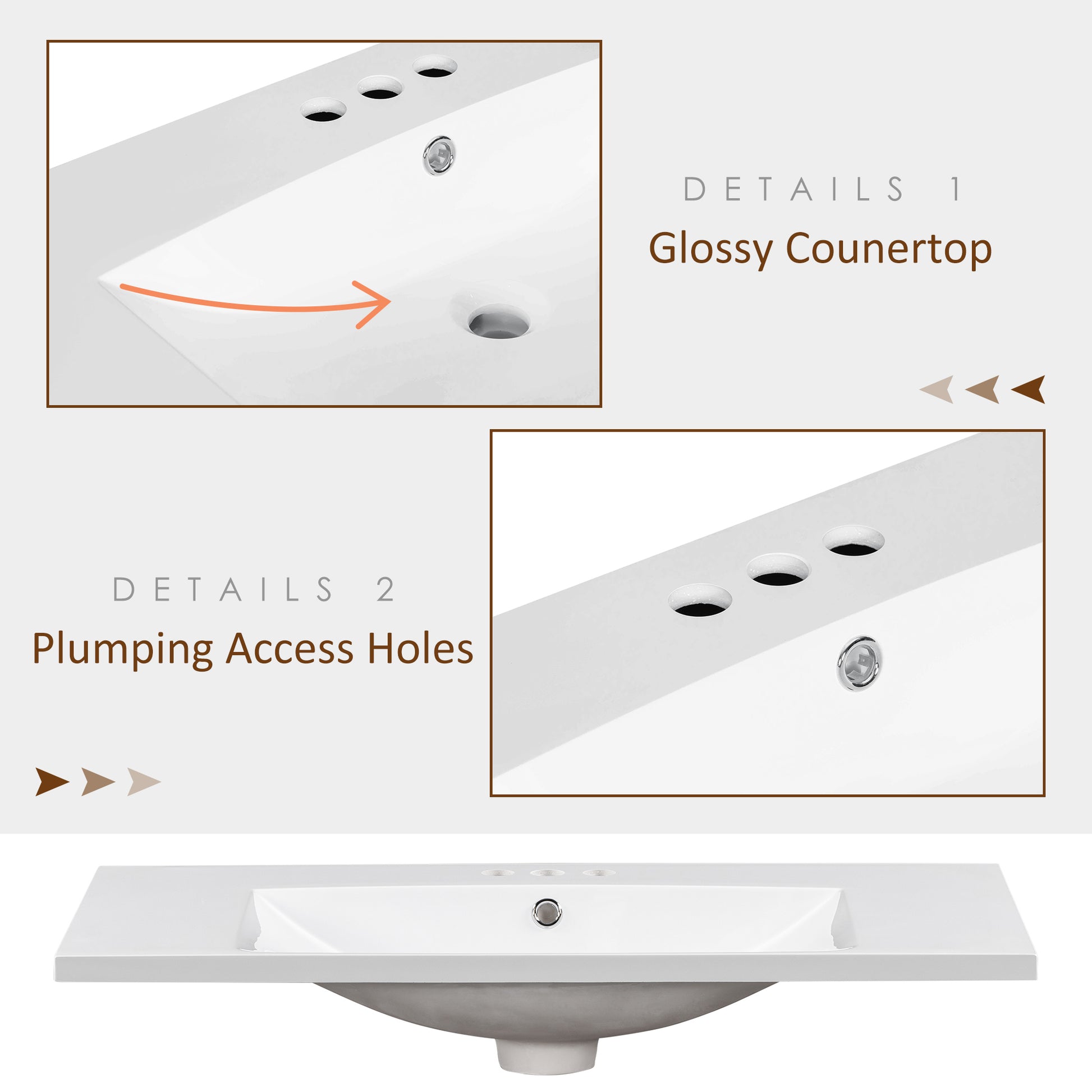 36" Single Bathroom Basin Sink, Vanity Top Only, 3-Faucet Holes, Resin - NOVADI