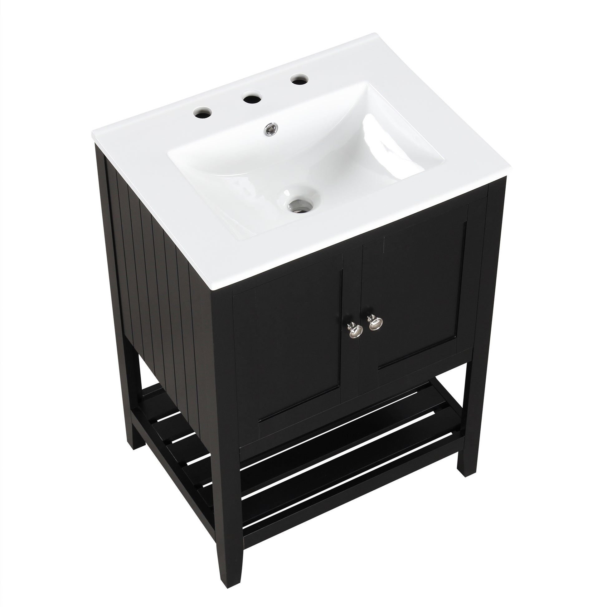 24" Black Modern Sleek Bathroom Vanity Elegant Ceramic Sink with Solid Wood Frame Open Style Shelf - NOVADI