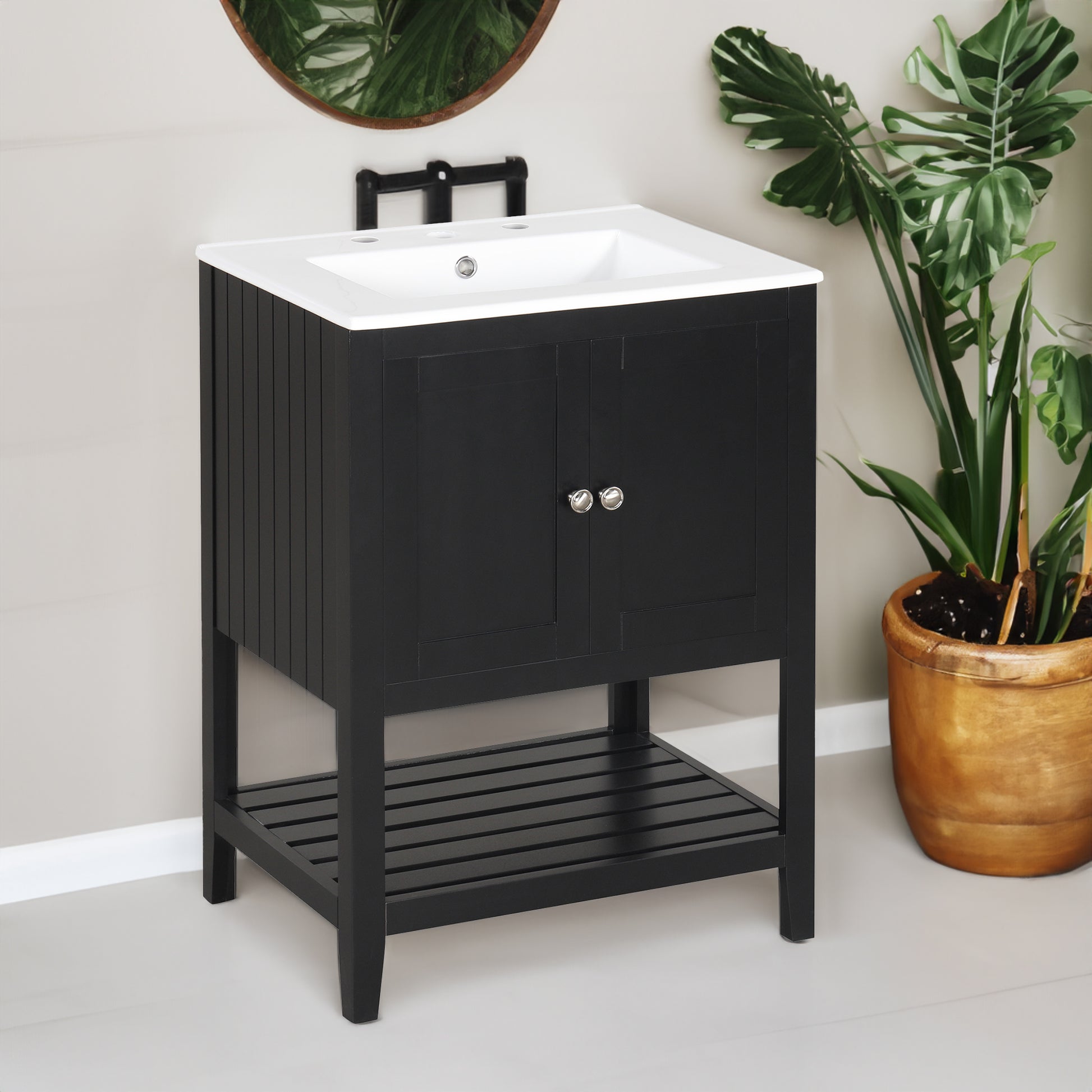 24" Black Modern Sleek Bathroom Vanity Elegant Ceramic Sink with Solid Wood Frame Open Style Shelf - NOVADI