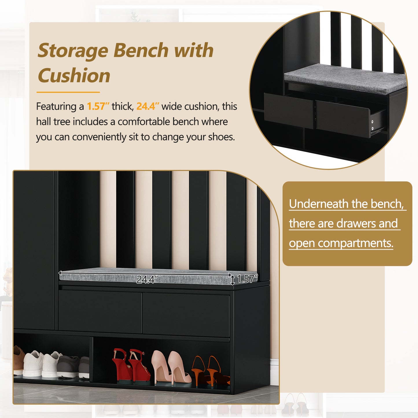 39.3'W70.8'H multifunctional corridor shoe cabinet with soft padded nail board and black hanger with entrance hook