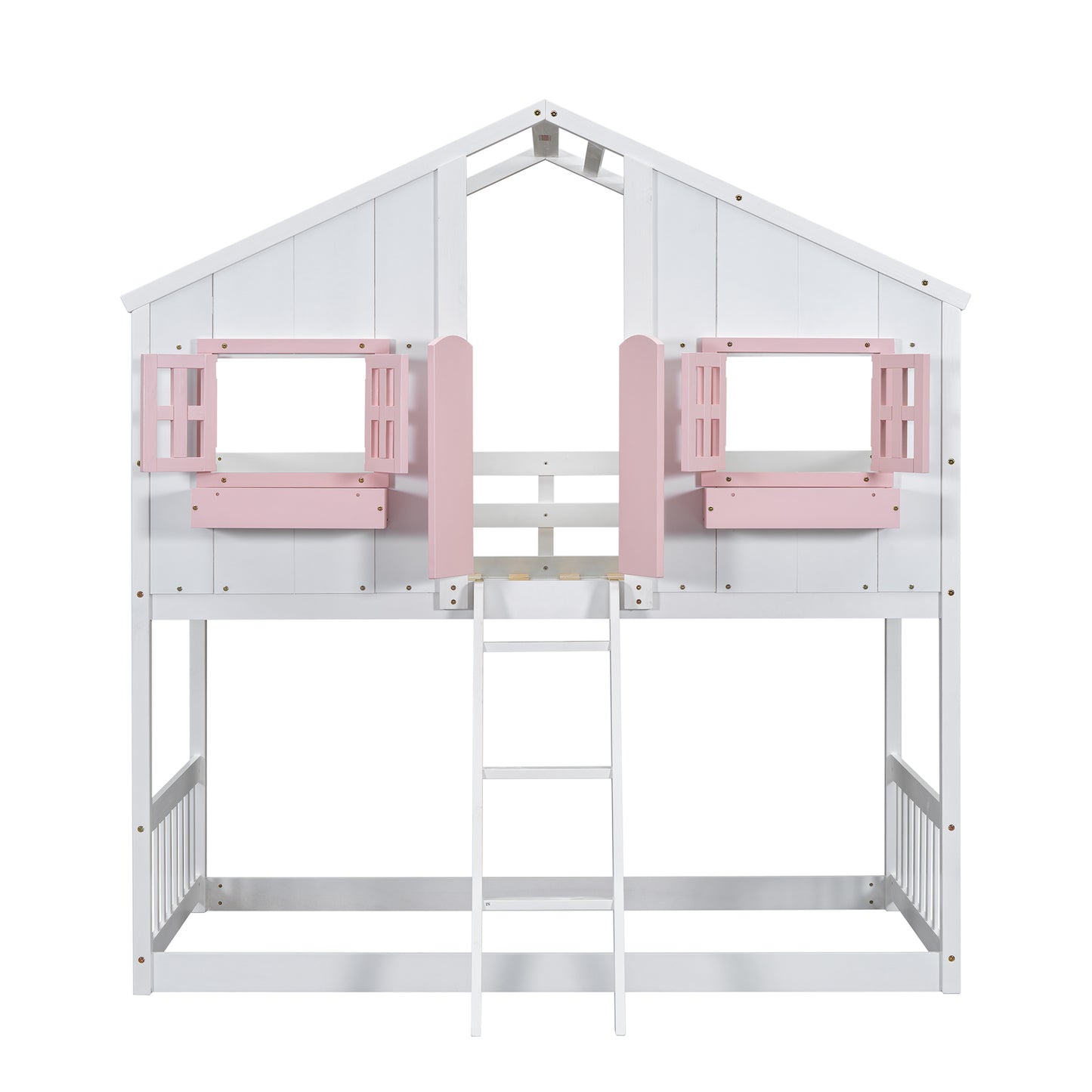 Twin over Twin House Bunk Bed with Roof , Window, Window Box, Door , with Safety Guardrails and Ladder, Pink/White