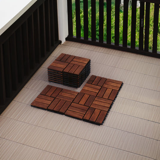 Acacia interlocking deck tile grid pattern, 10 pieces of 12 inch x 12 inch square brown Acacia hardwood outdoor flooring