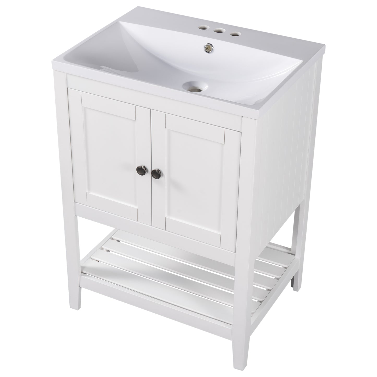 24" White Modern Sleek Bathroom Vanity Elegant Ceramic Sink with Solid Wood Frame Open Style Shelf - NOVADI