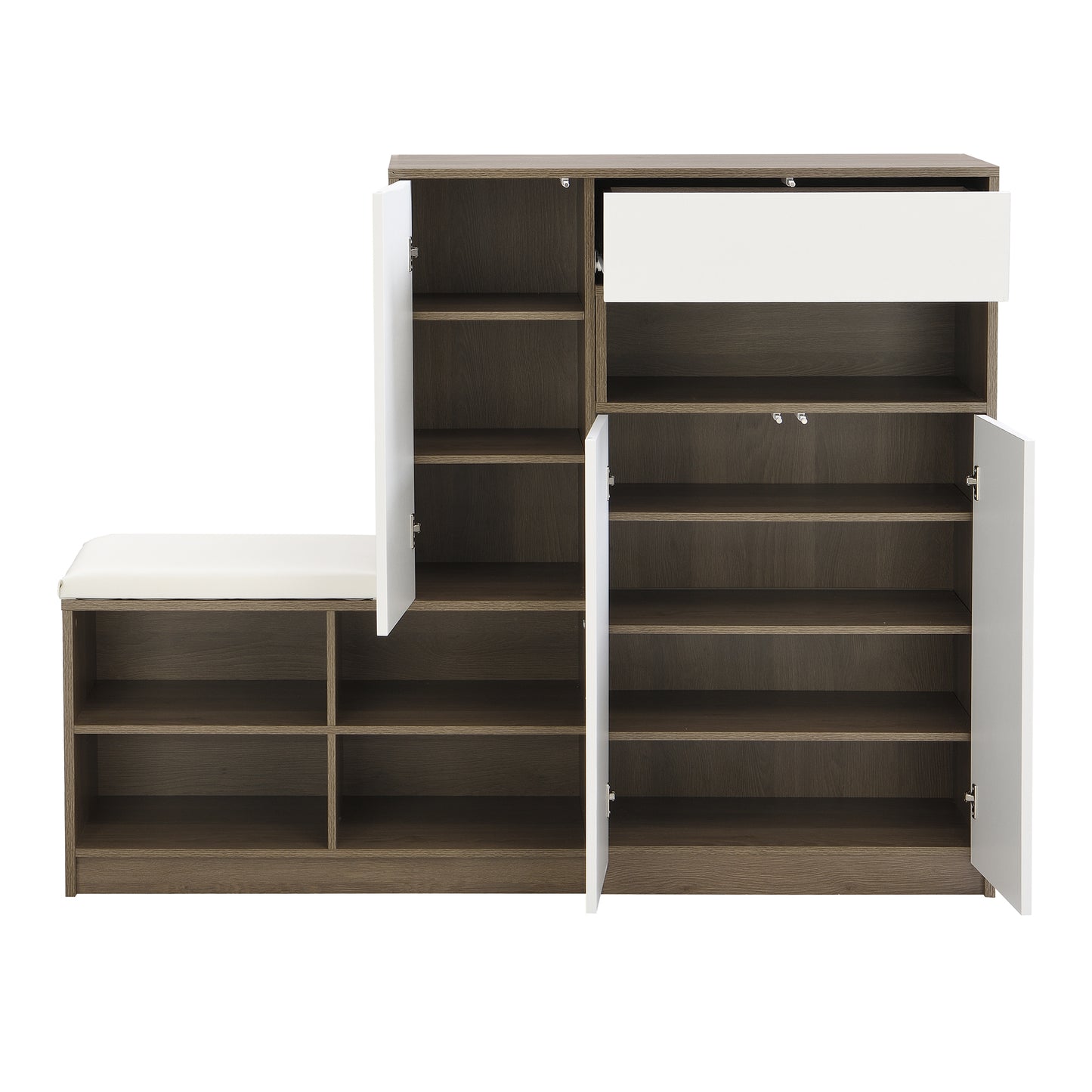 ON-TRANS 2-in-1 shoe storage platform and shoe cabinet, with soft cushioned seats and adjustable shelves, white