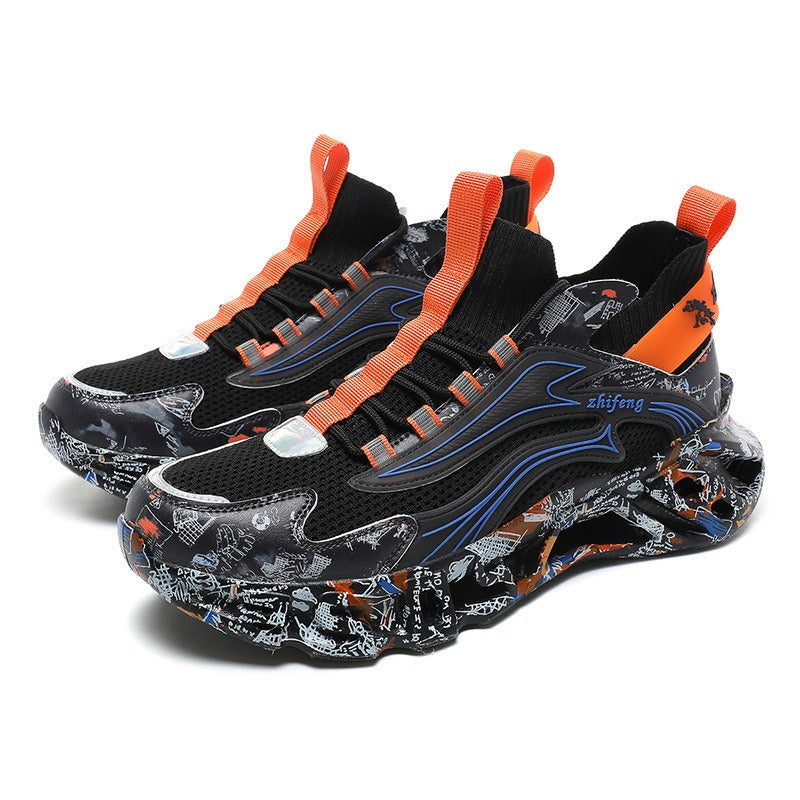 Large blade shock-absorbing running shoes for men, fly woven camouflage for couples, thick soled sports breathable mesh sneakers