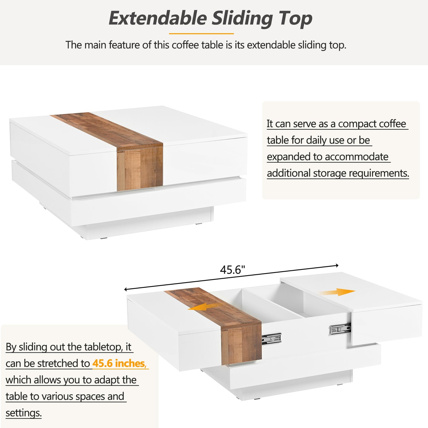 ON-TRANS 31.4 inches x 31.4 inches with sliding tabletop, high gloss center table, hidden storage room white