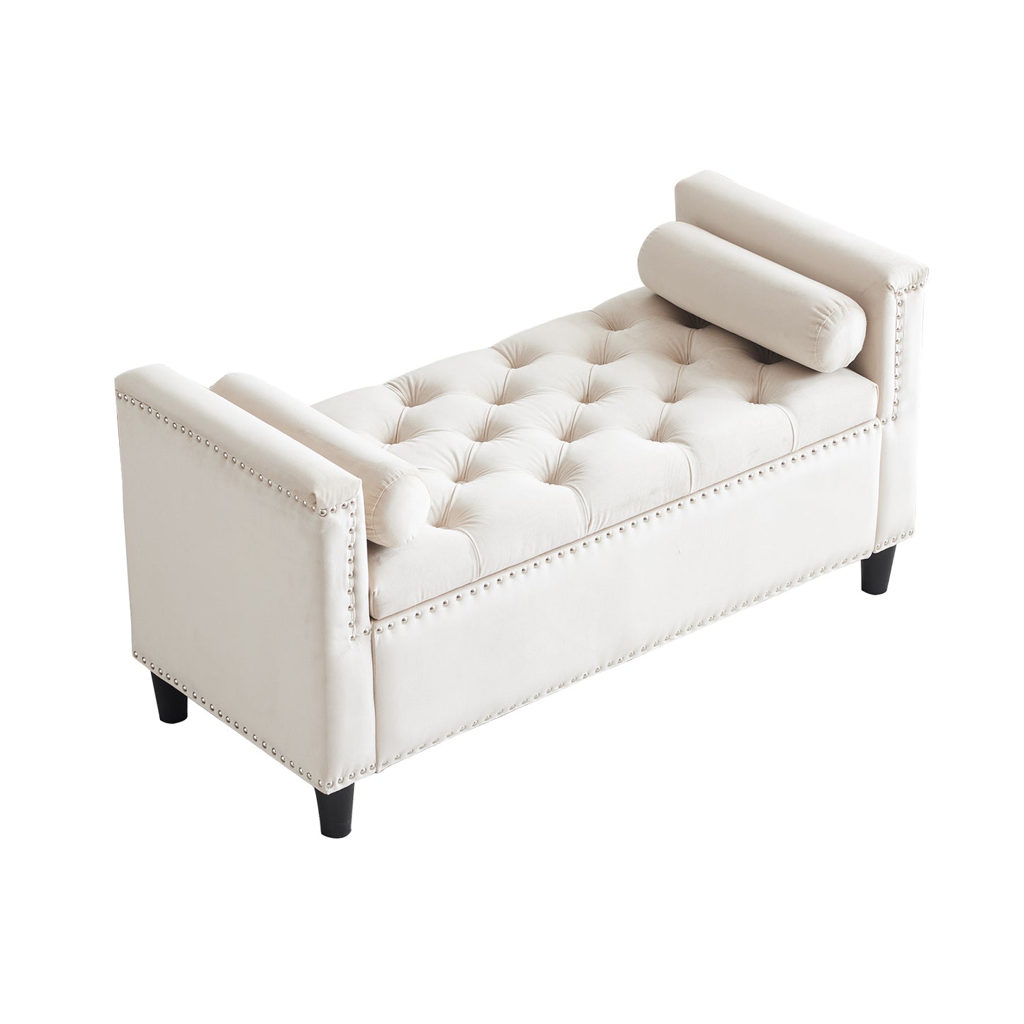 Storage Bench, 44.5-Inch Queen Velvet Button Bedside Bench, Entryway Living Room with Armrests, Nailhead Trim Cream White