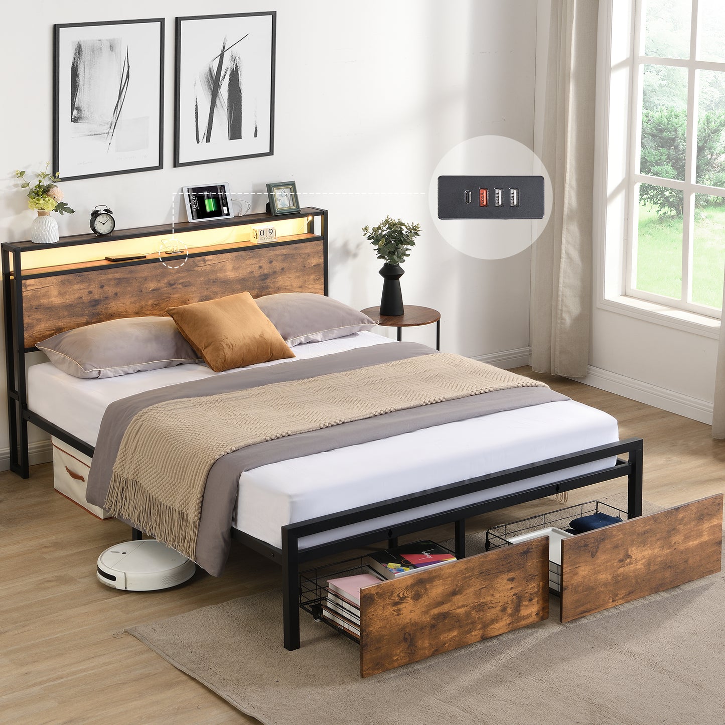 Large bed frame with storage headboard and 2 drawers, LED light bed, charging station, metal platform bed