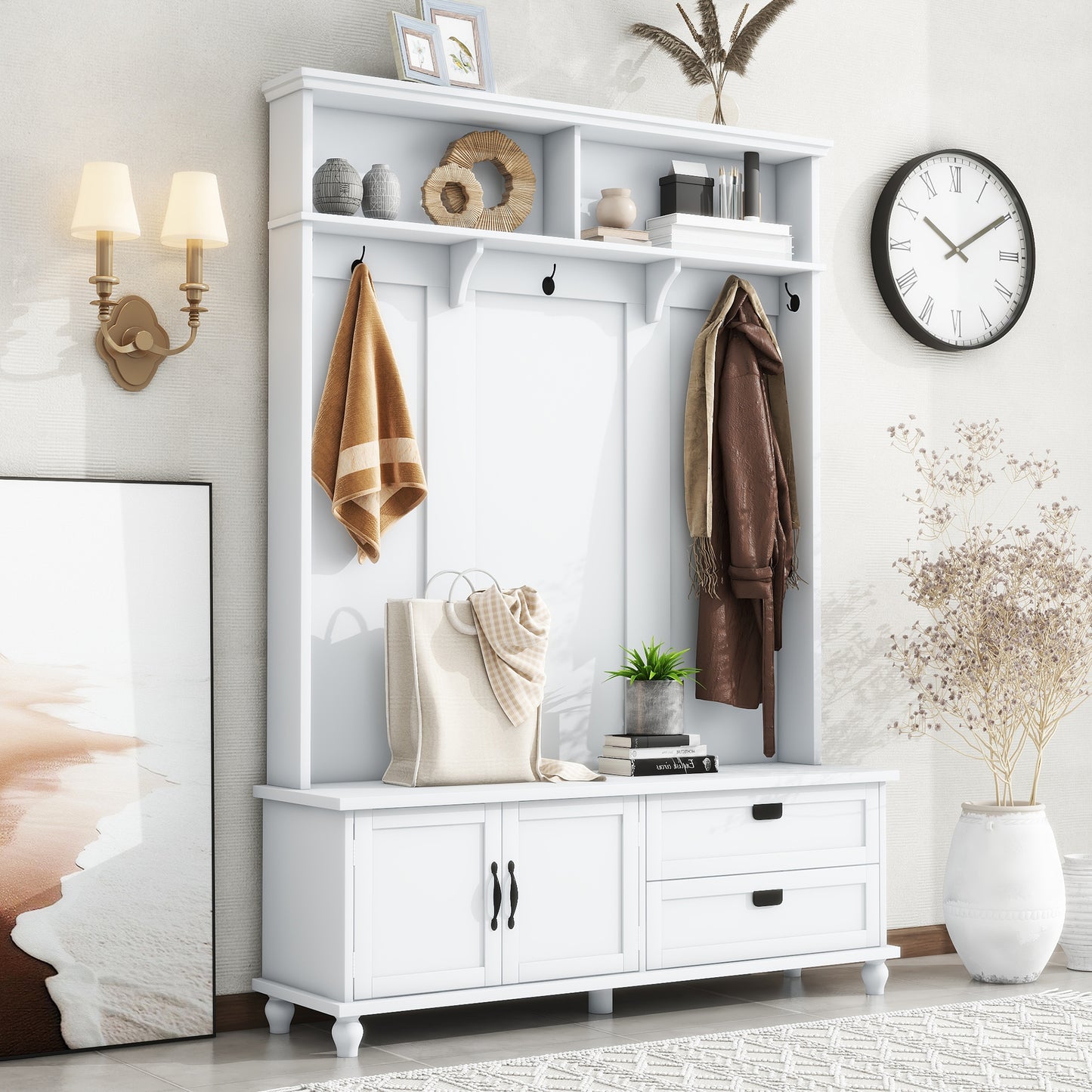 ON-TREND Modern Style Hall Tree with Storage Cabinet and 2 Large Drawers, Widen Mudroom Bench with 5 Coat Hooks, White