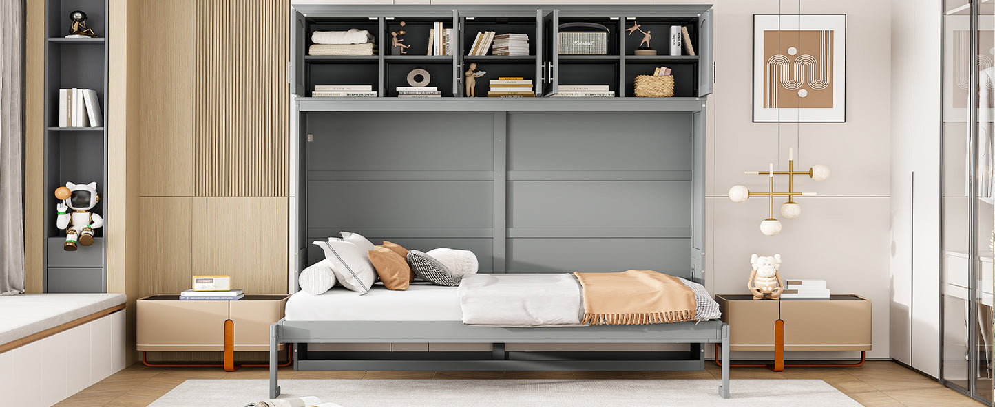 Full Size Murphy Bed Wall Bed with Top Cabinets,Gray