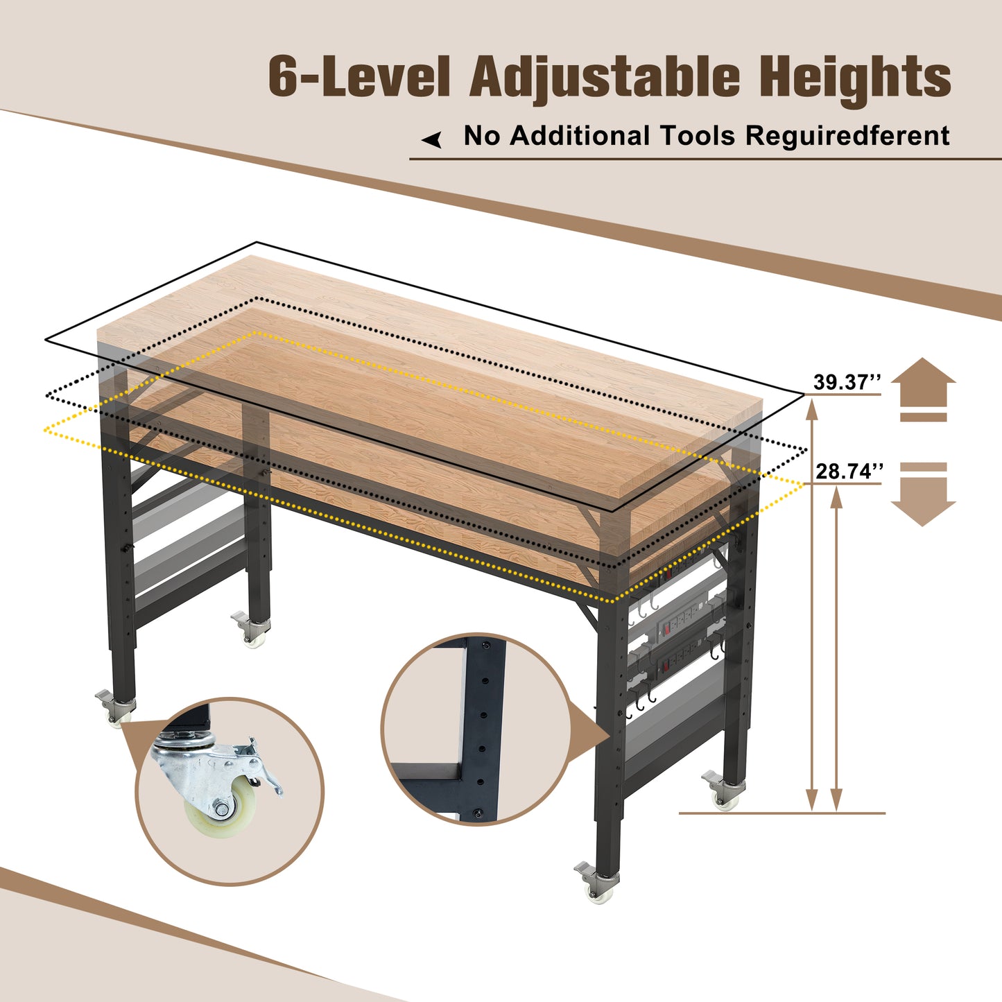 60 inch adjustable garage workbench, rubber wood heavy-duty workstation with power socket and wheels, 2000 pound load capacity