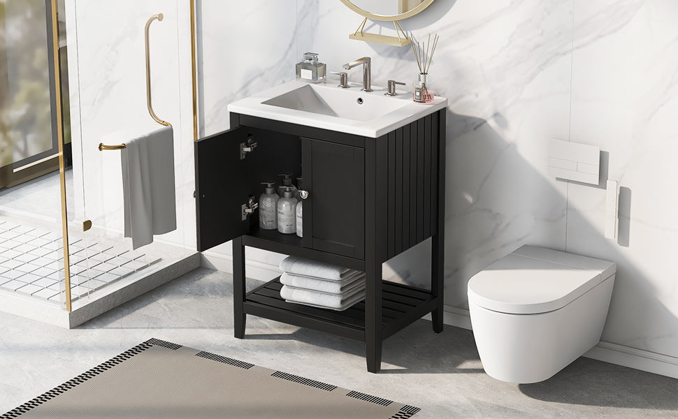 24" Black Modern Sleek Bathroom Vanity Elegant Ceramic Sink with Solid Wood Frame Open Style Shelf - NOVADI