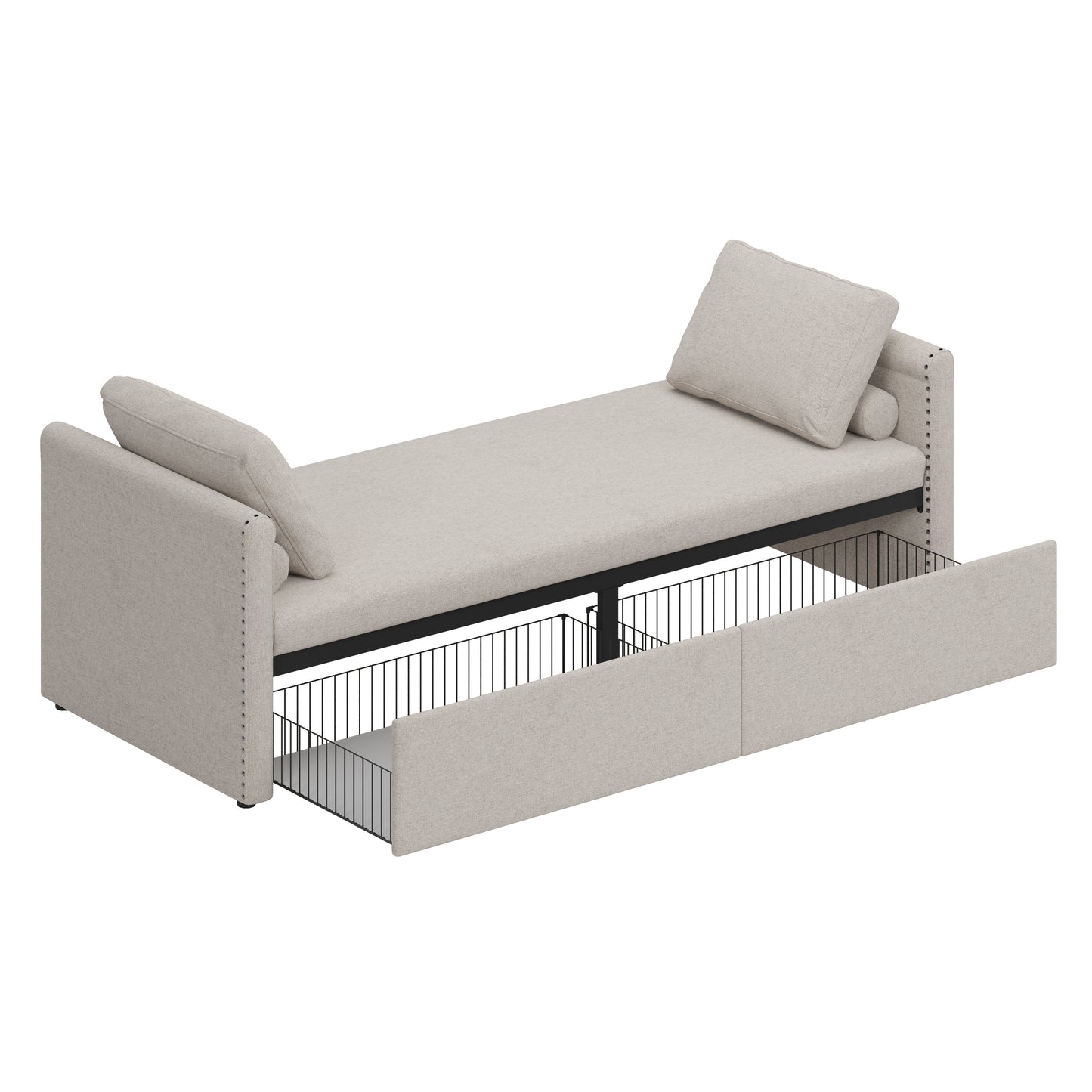 Modern cushioned lounge chair sofa bed with 2 drawers, small single sofa bed without mattress, linen, beige