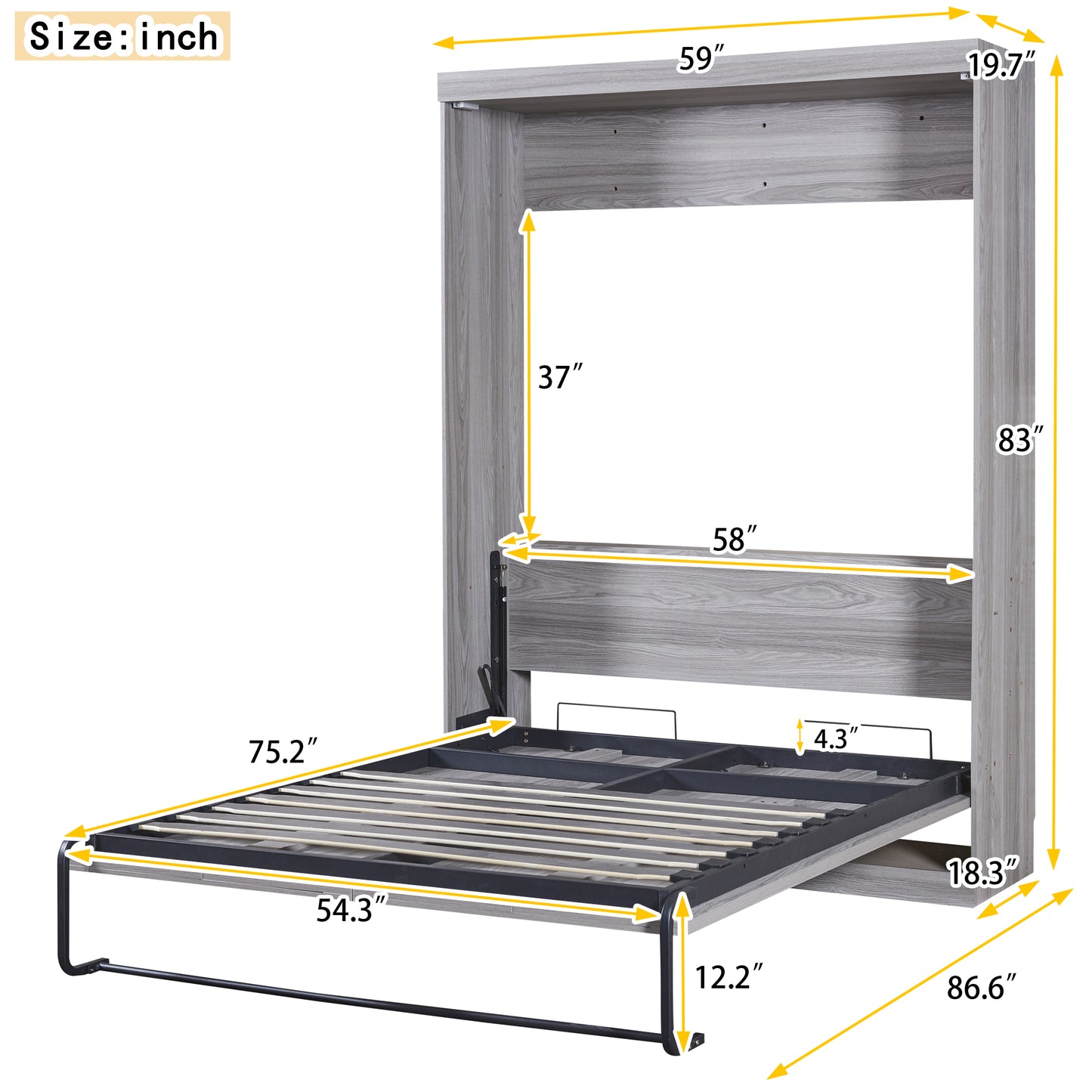 Full Size Murphy Bed, can be Folded into a Cabinet Gray