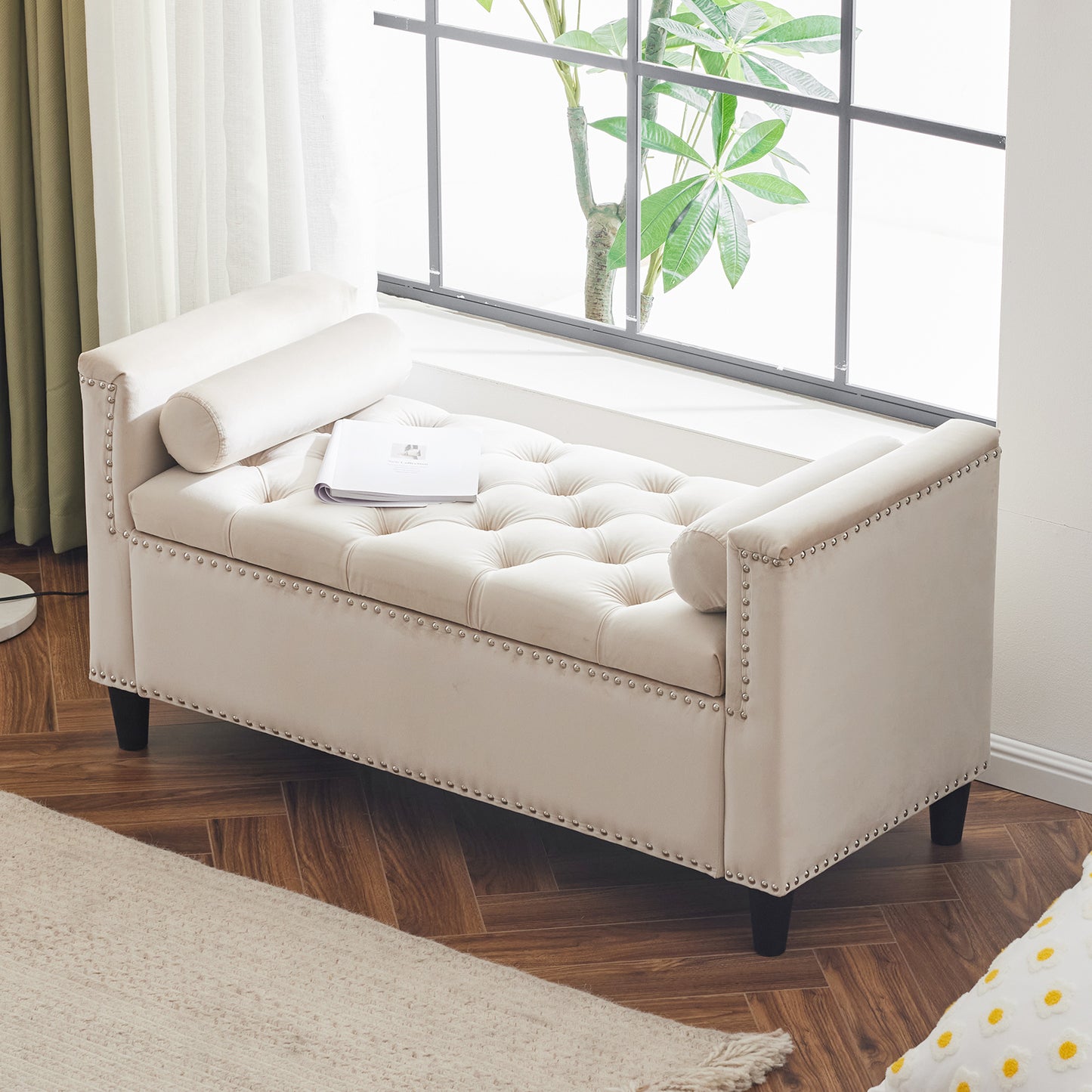 Storage Bench, 44.5-Inch Queen Velvet Button Bedside Bench, Entryway Living Room with Armrests, Nailhead Trim Cream White