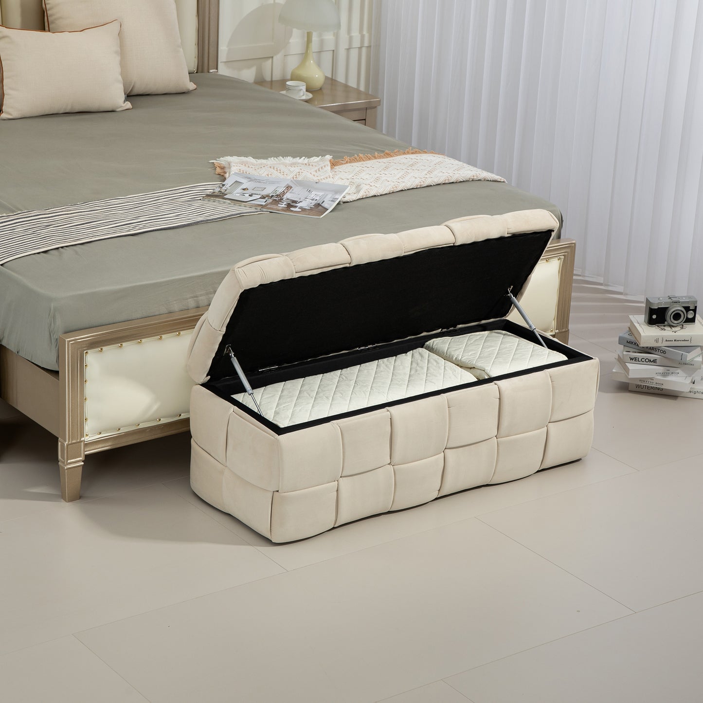 COOLMOR Ottoman-Stuhl mit Stauraum, Schlafzimmer-Beistelltisch, gepolsterter Eingangs-Fußhocker aus Stoff mit Sicherheitsscharnier (Beige)