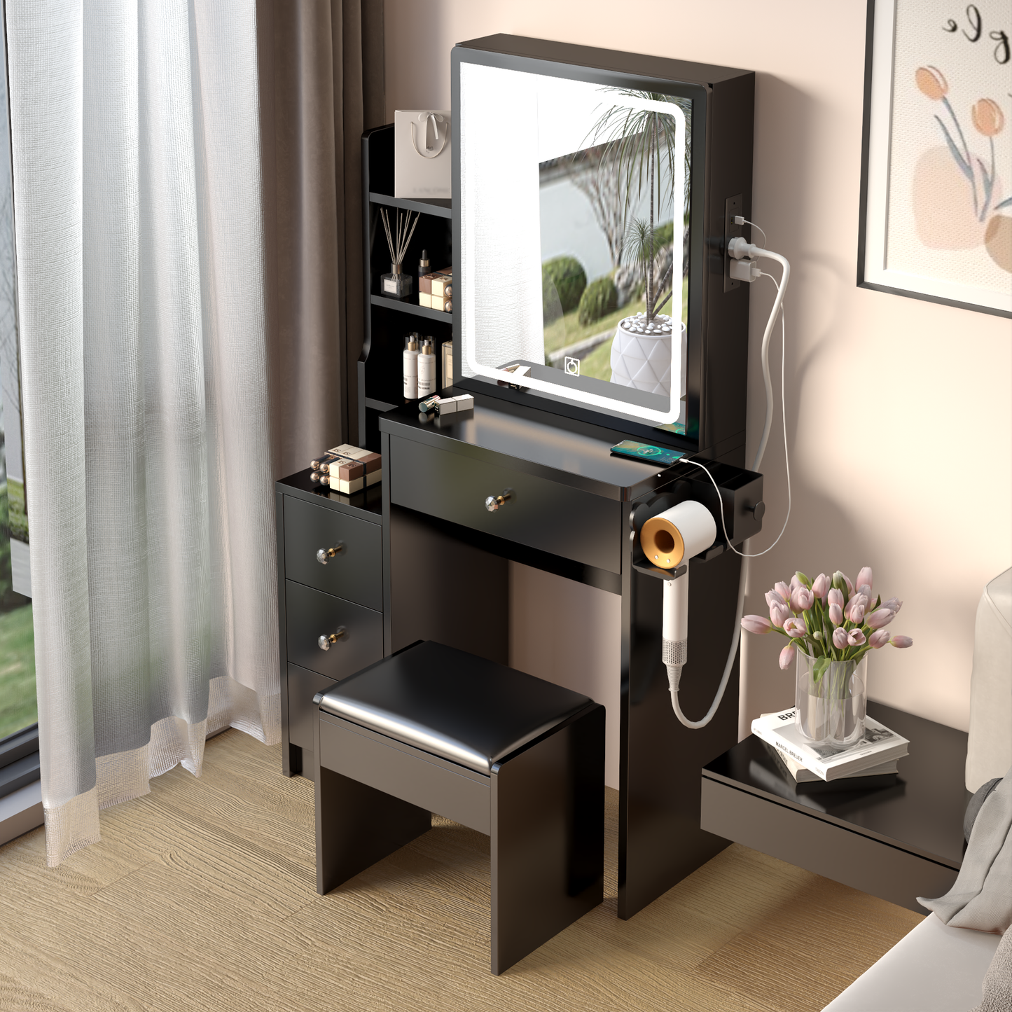 Dressing table+cushioned stool, 2 AC+2 USB power supplies, touch sliding LED mirror, tri color switch