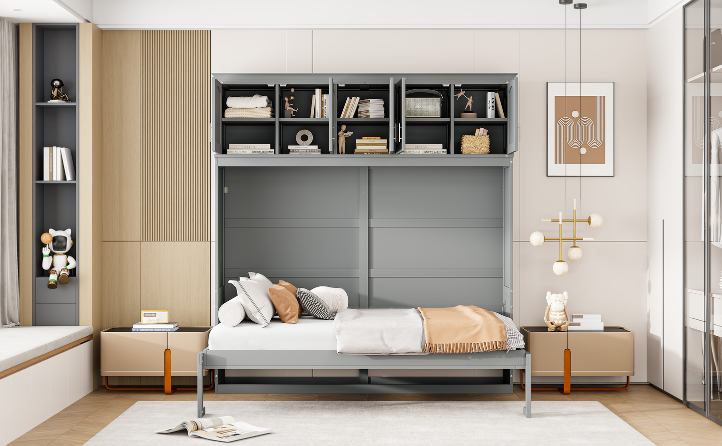 Full Size Murphy Bed Wall Bed with Top Cabinets,Gray