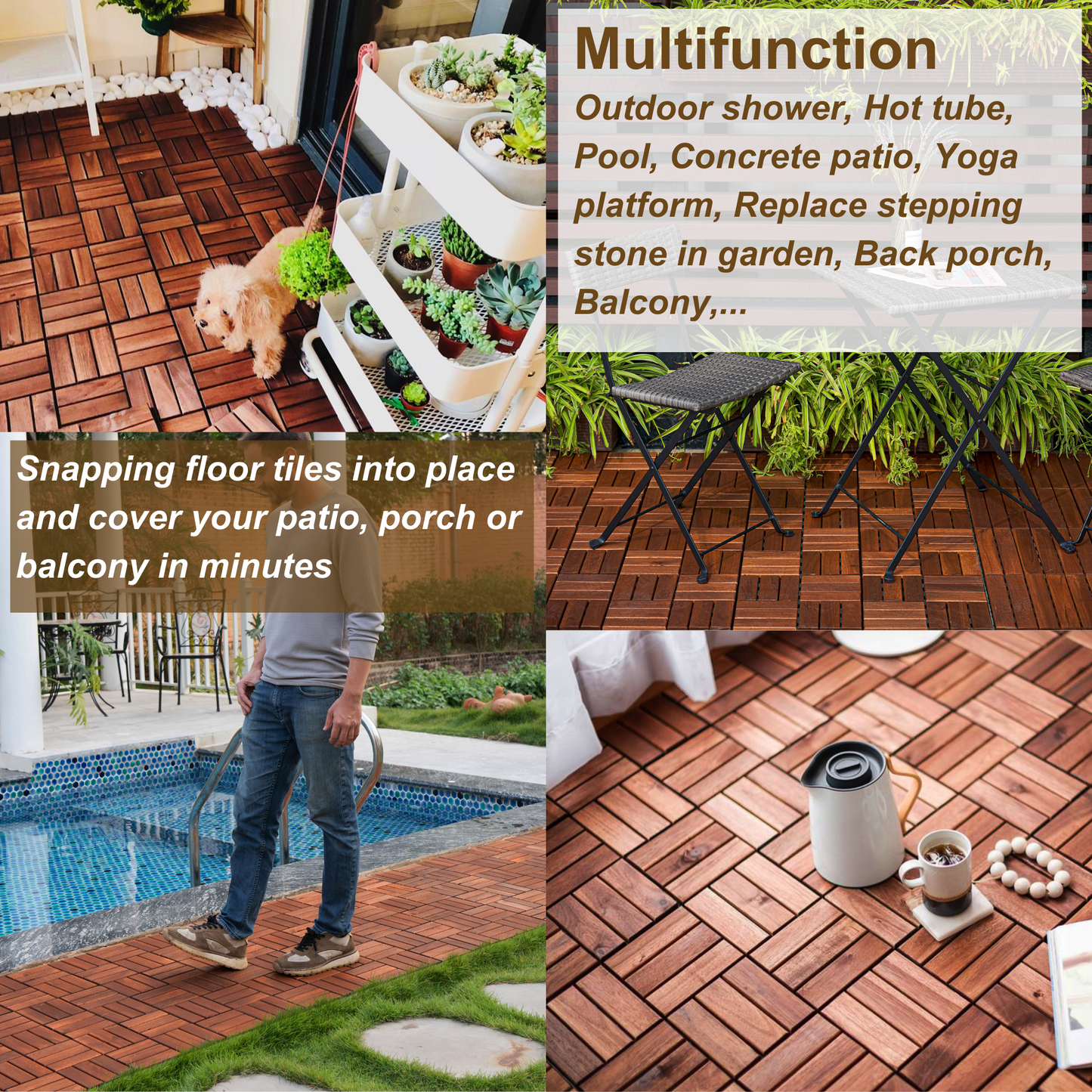 Acacia interlocking deck tile grid pattern, 10 pieces of 12 inch x 12 inch square brown Acacia hardwood outdoor flooring