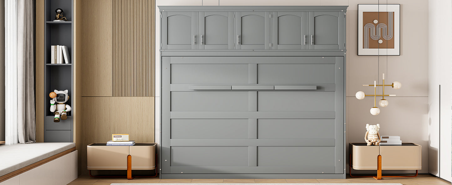 Full Size Murphy Bed Wall Bed with Top Cabinets,Gray