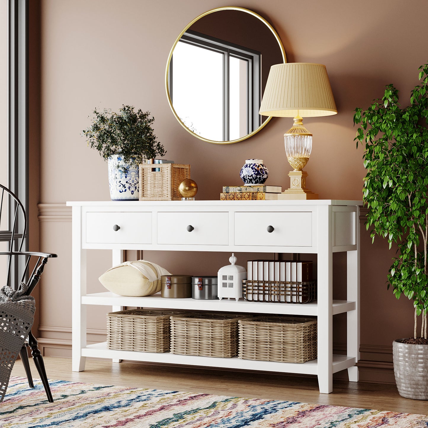 Retro Design Console Table with Two Open Shelves, Pine Solid Wood Frame and Legs for Living Room (Antique White)