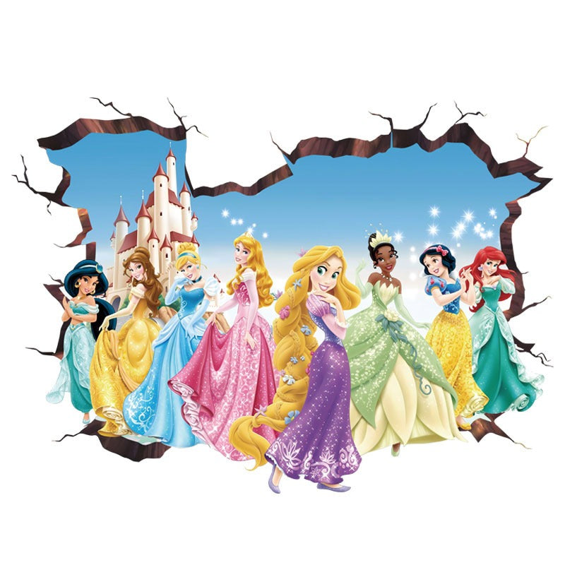 Princess Elsa 3D Wall Sticker Girl's Bedroom PVC Poster Self Adhesive Cartoon Princess Glass Wardrobe Wall Sticker