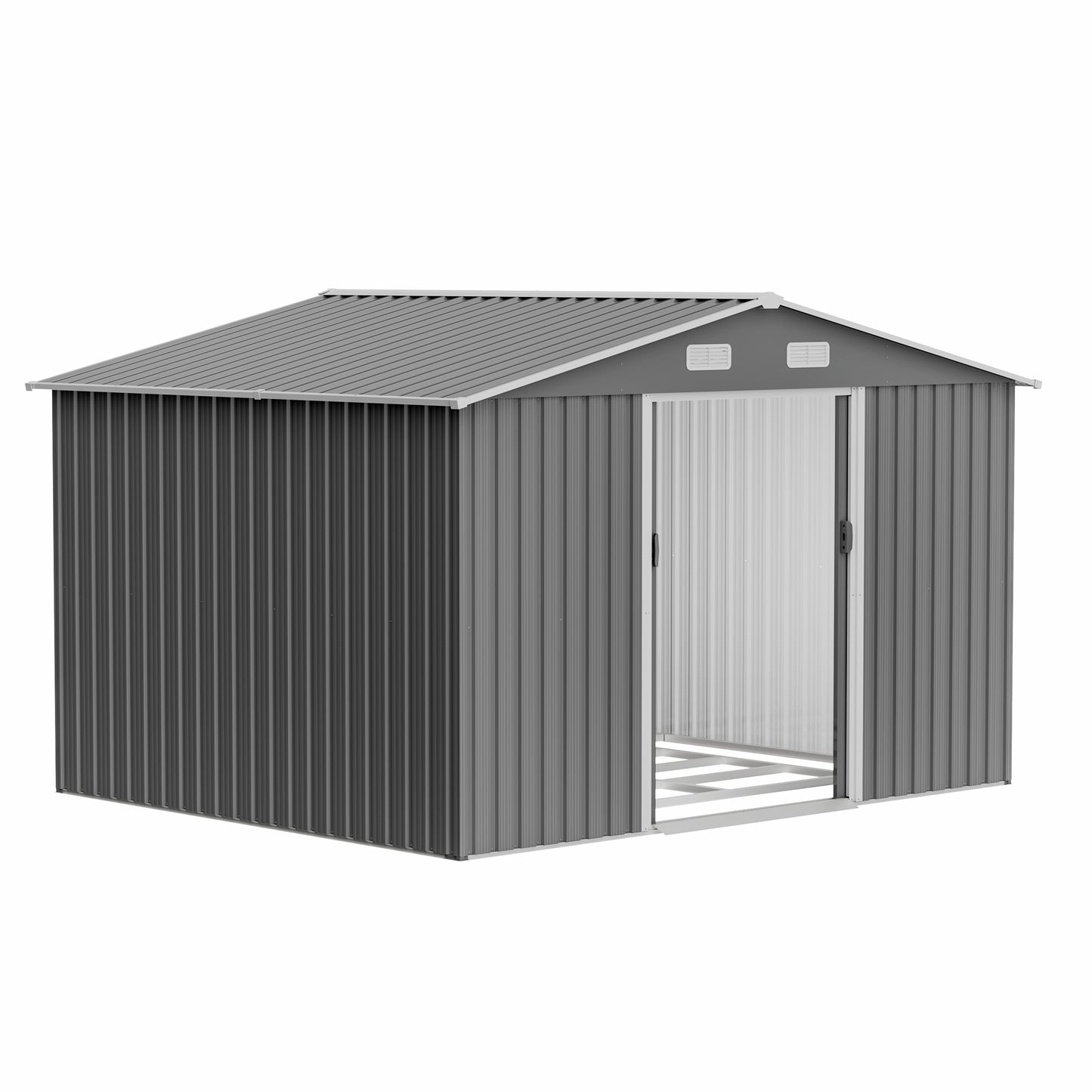 10X8 FT outdoor tool storage shed with metal foundation and lockable door, all-weather metal shed, gray