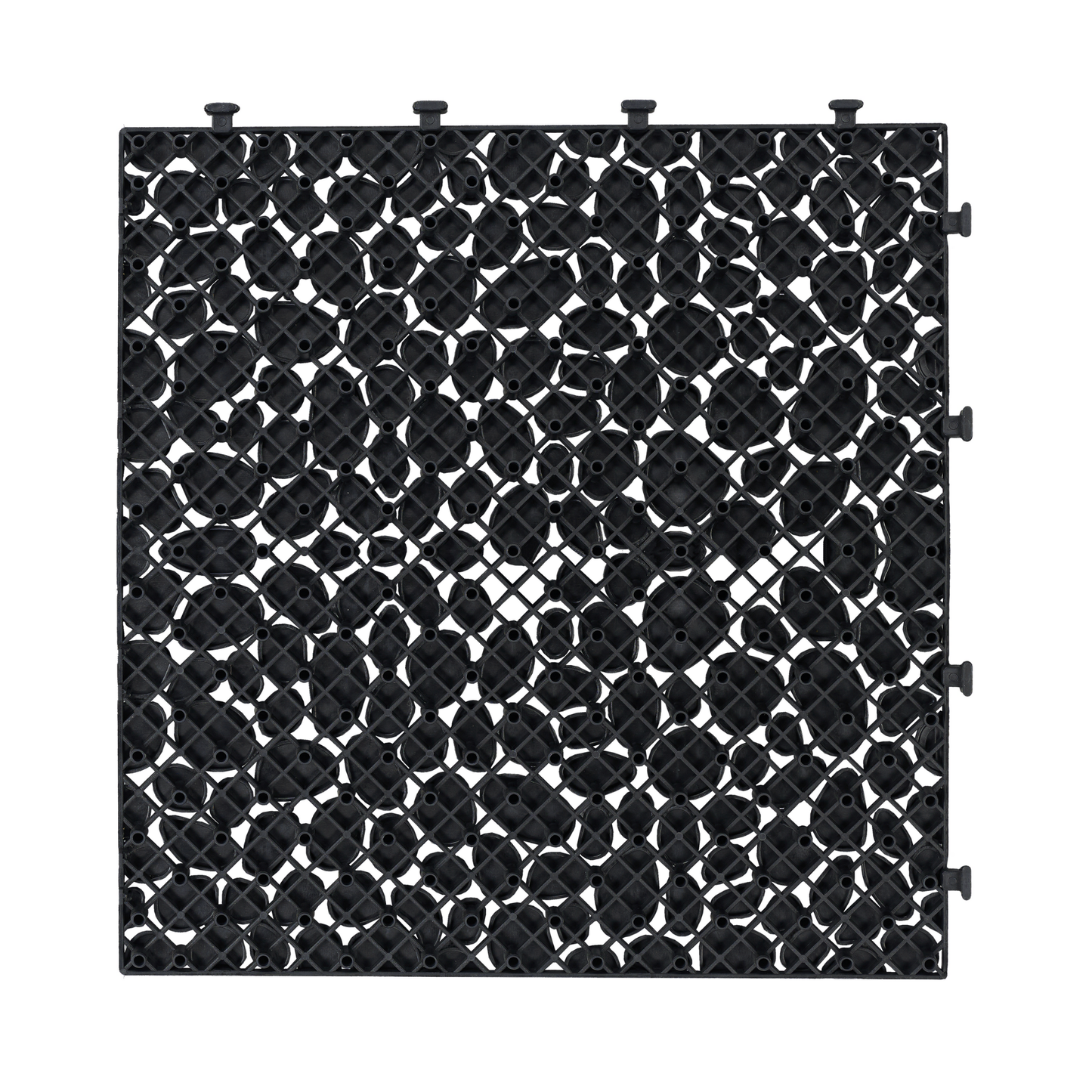 12 x 12 inch black interlocking deck tiles, plastic waterproofing, pebble pattern, pack of 12