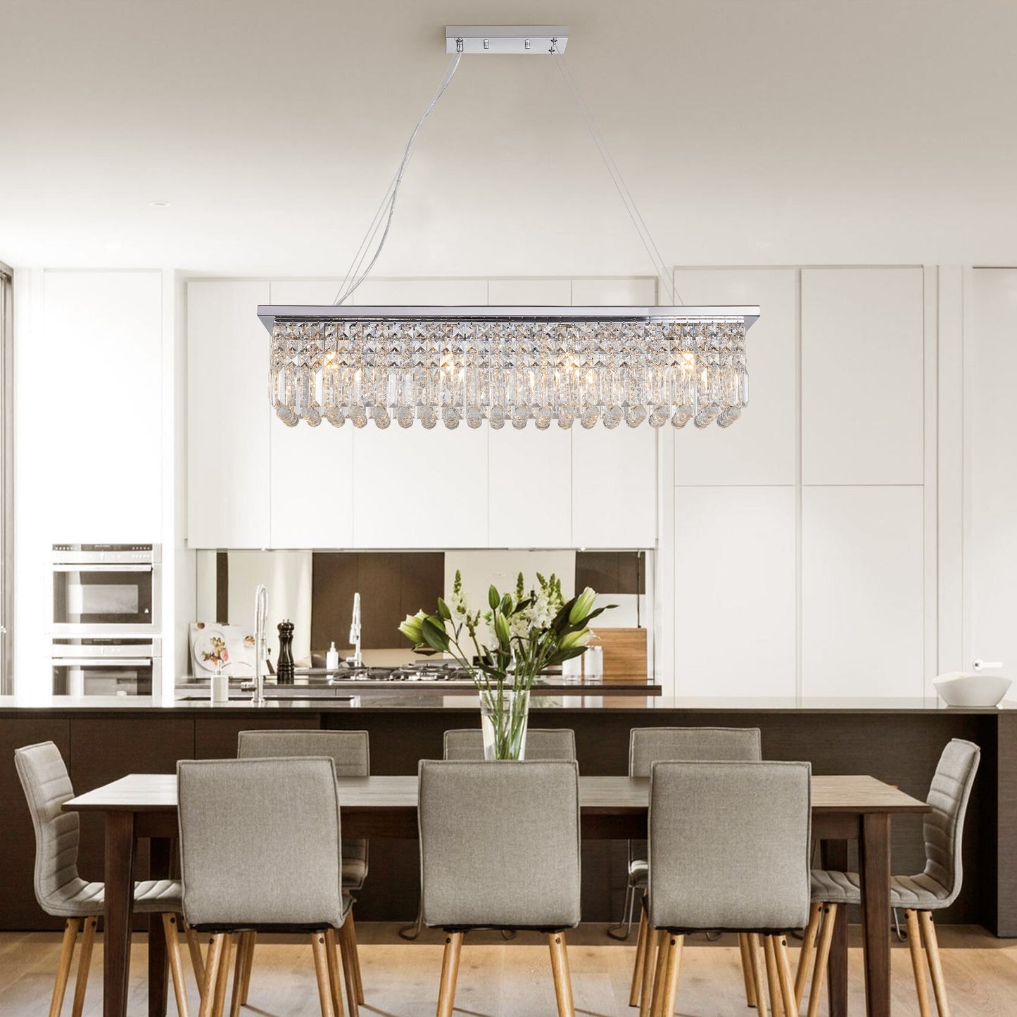 Modern Crystal Chandelier for Dining Room 8-Light White Rectangle Raindrop L39.4'' x W9.8'' x H8.7'(Bulb Not Included)