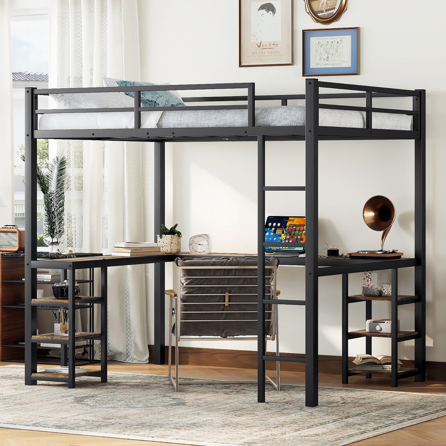 Full metal loft bed with desk and shelf, loft bed with ladder and guardrail, bedroom loft bed frame, black