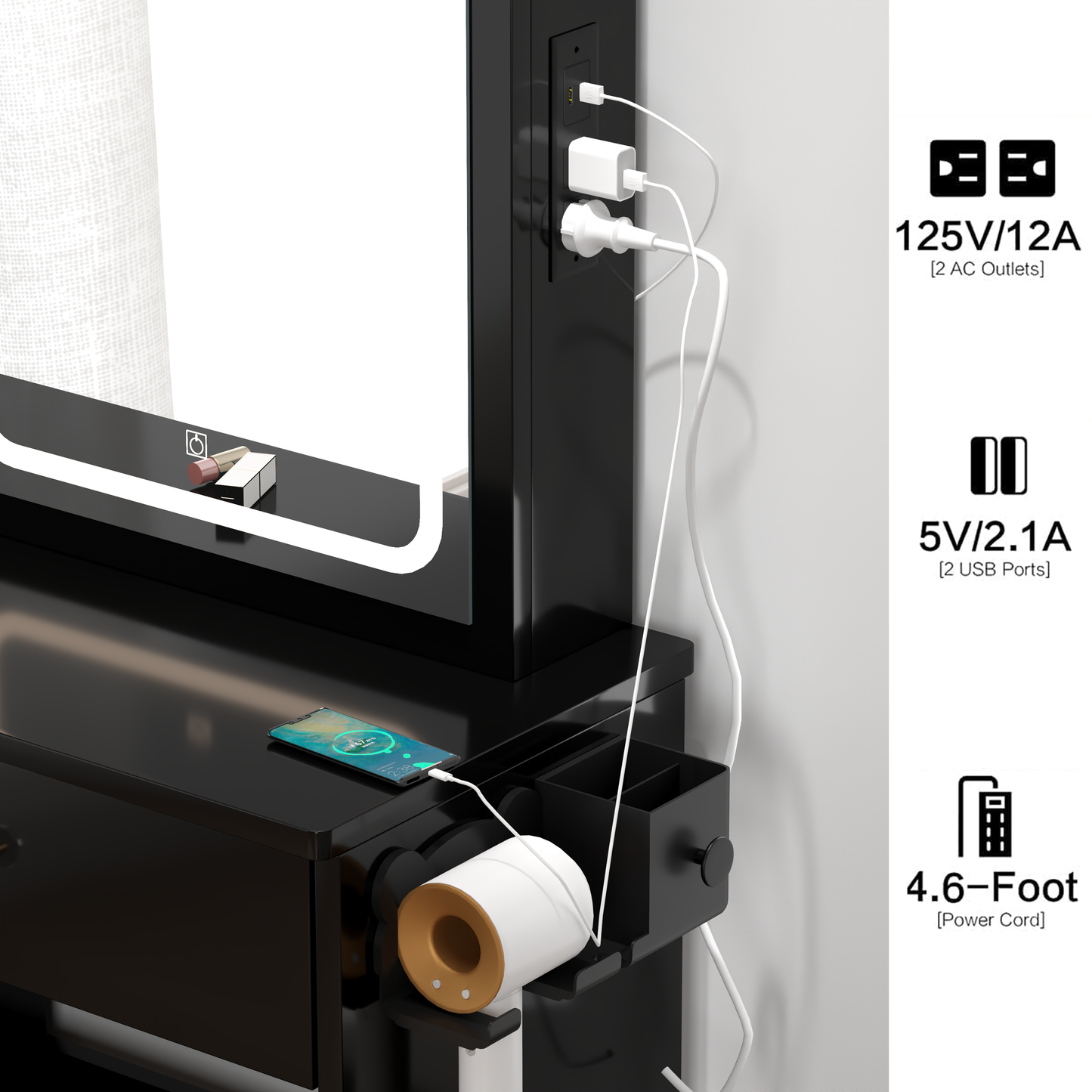 Left drawer desktop vanity+cushioned stool, 2 AC+2 USB power stations, touch sliding LED mirror, tri color switch