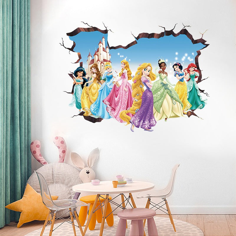 Princess Elsa 3D Wall Sticker Girl's Bedroom PVC Poster Self Adhesive Cartoon Princess Glass Wardrobe Wall Sticker