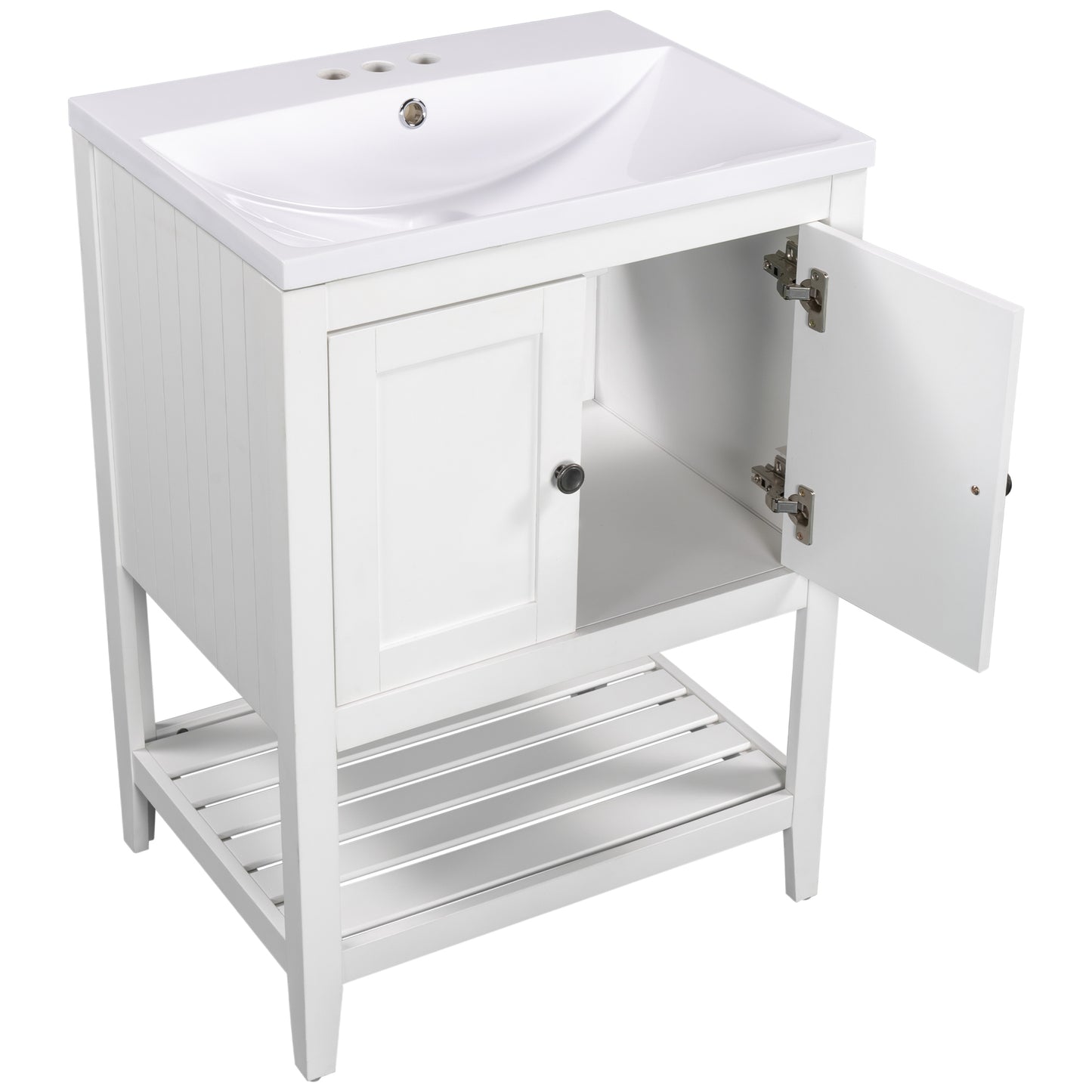 24" White Modern Sleek Bathroom Vanity Elegant Ceramic Sink with Solid Wood Frame Open Style Shelf - NOVADI