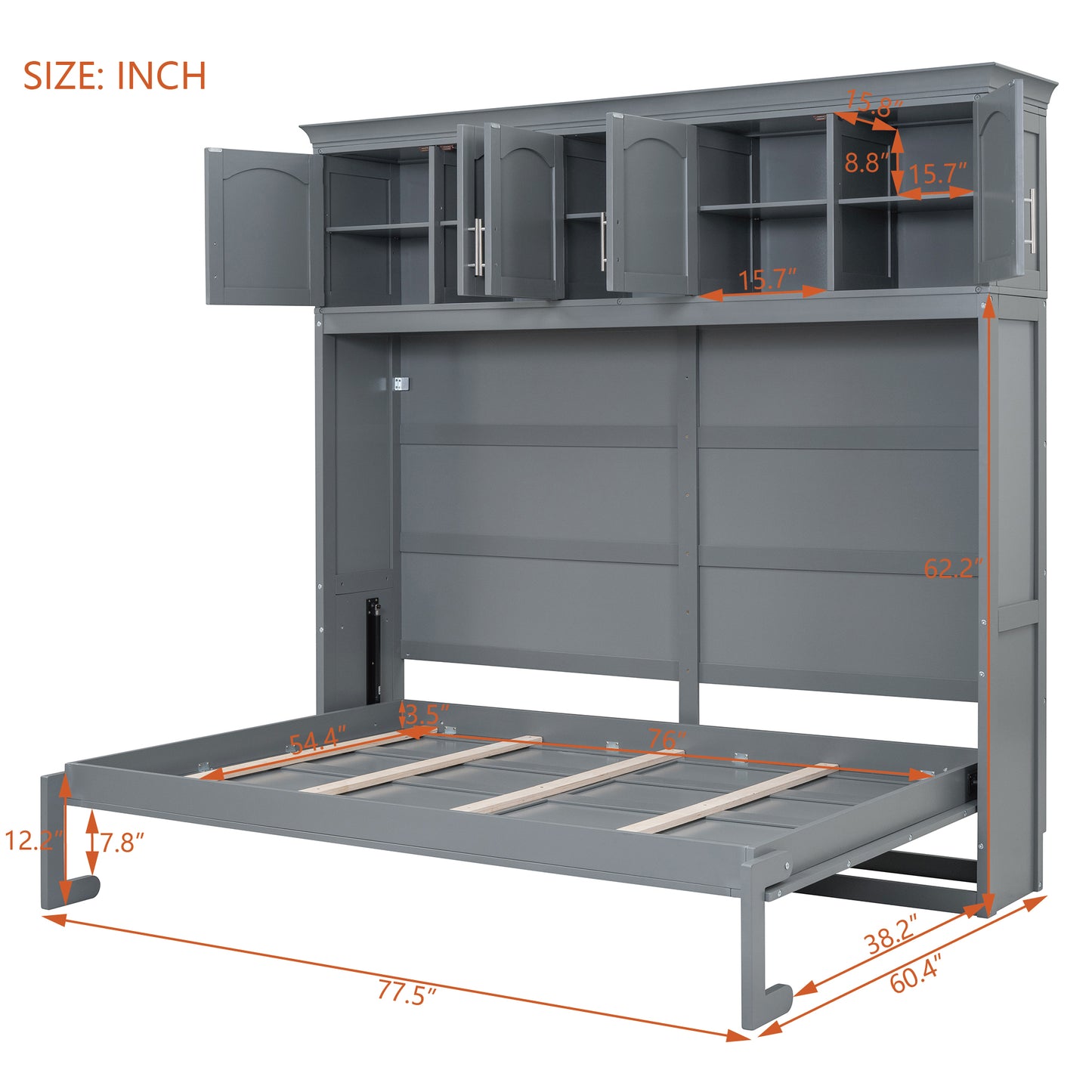 Full Size Murphy Bed Wall Bed with Top Cabinets,Gray