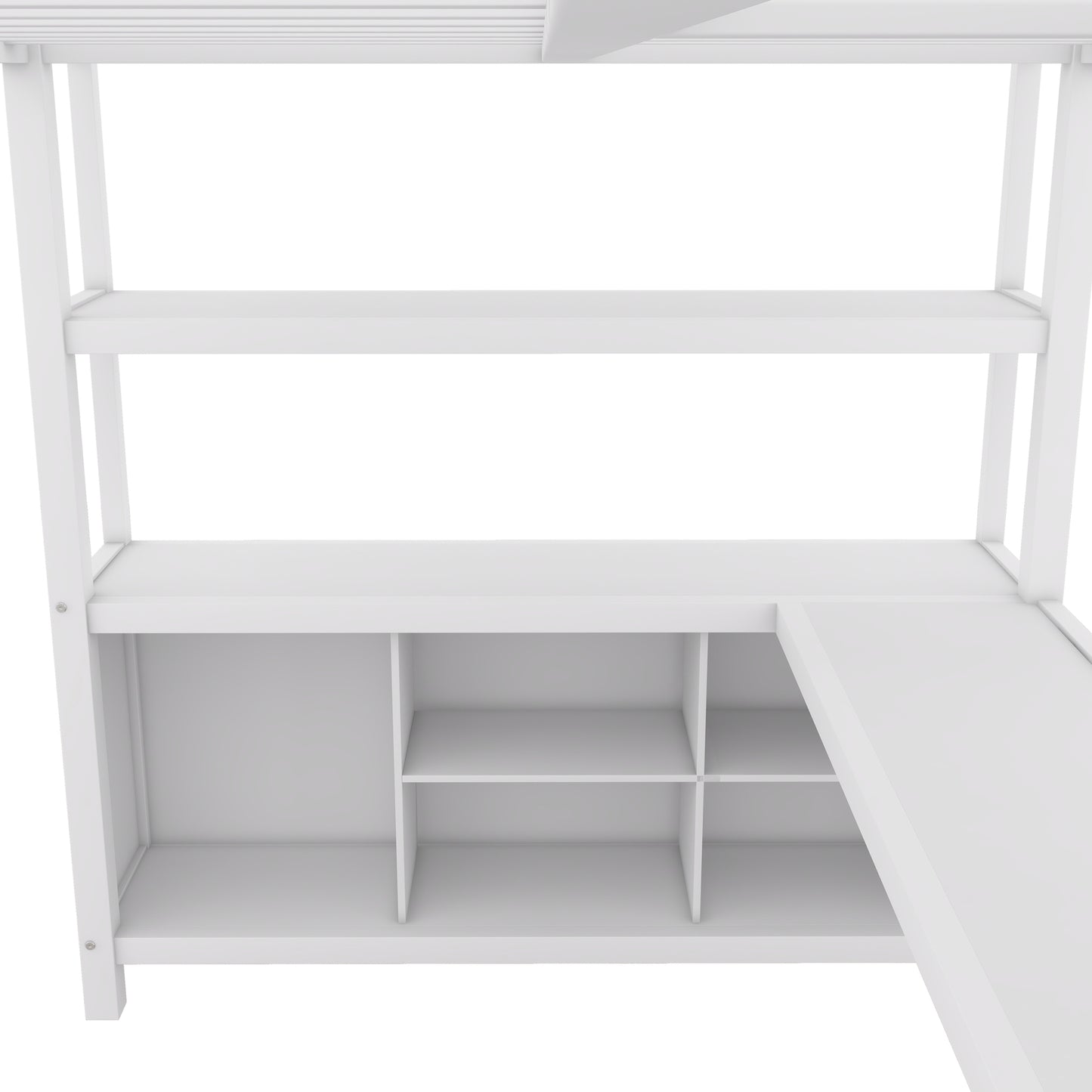 Metal loft bed with wardrobe and L-shaped desk, full-size loft bed with storage cabinet and shelf, white