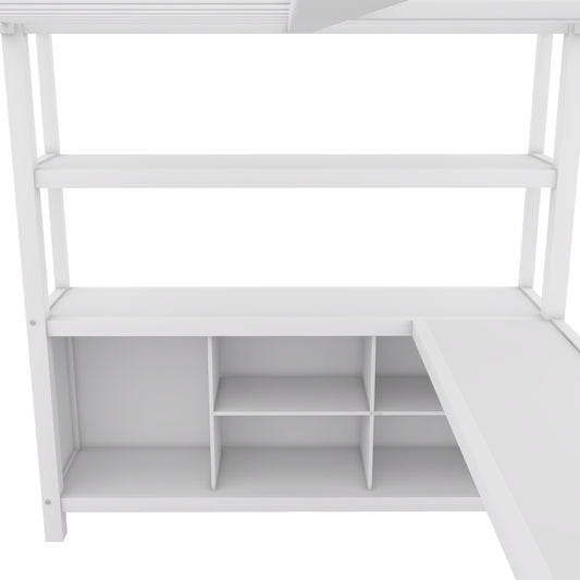 Metal loft bed with wardrobe and L-shaped desk, full-size loft bed with storage cabinet and shelf, white