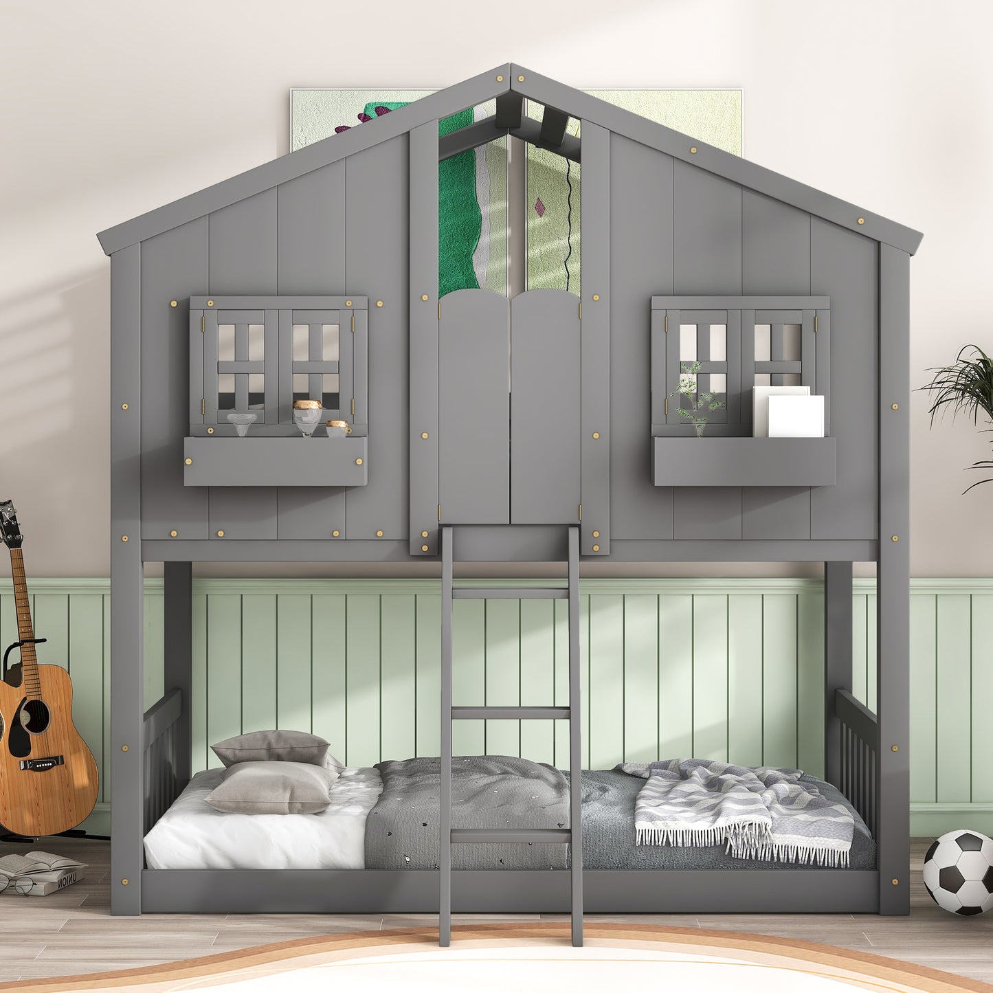 Twin over Twin House Bunk Bed with Roof , Window, Window Box, Door , with Safety Guardrails and Ladder, Grey