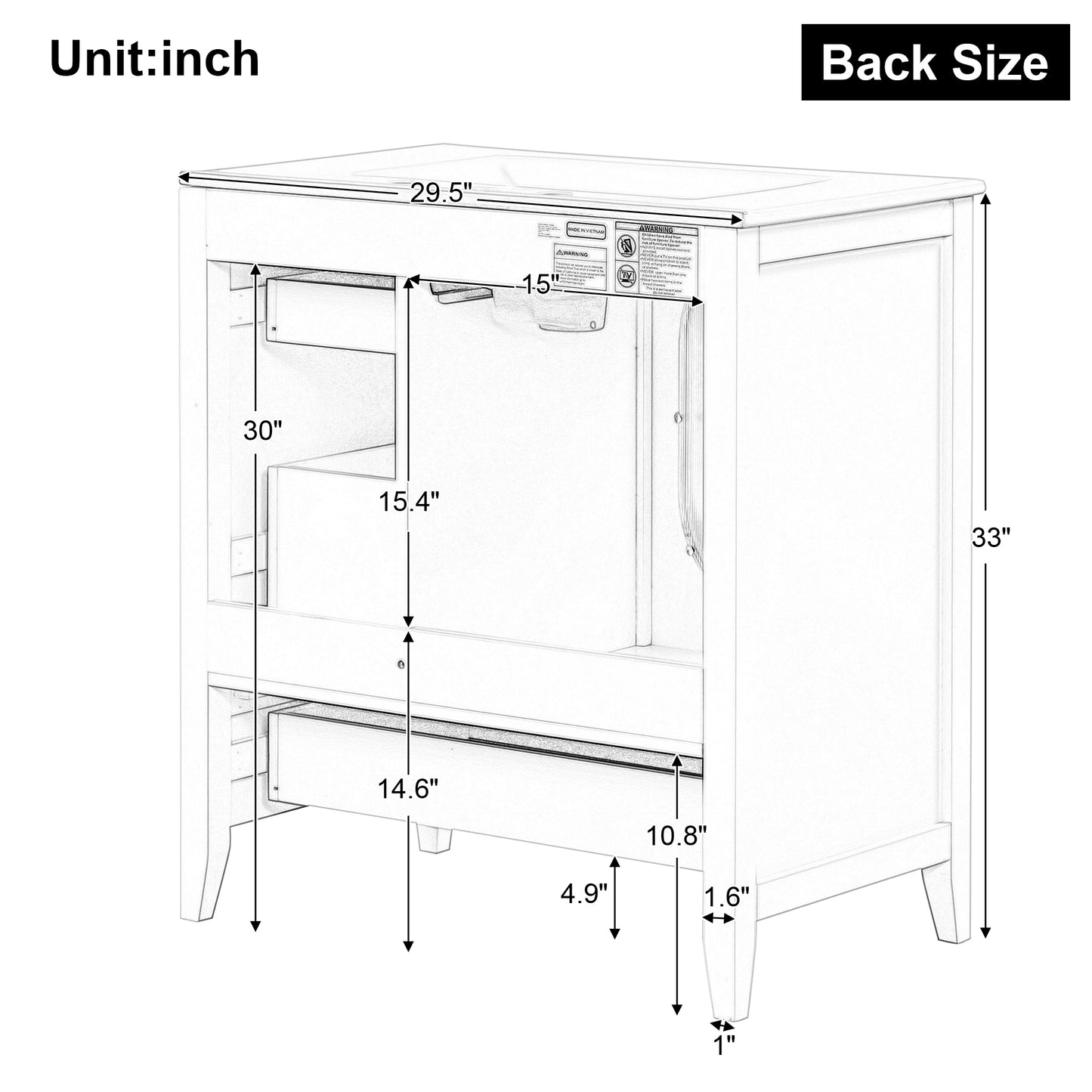 30-Zoll-Badezimmerwaschtisch mit Waschbecken, Badezimmerwaschtischunterschrank mit drei Schubladen und Tür, Massivholz und MDF, Schwarz