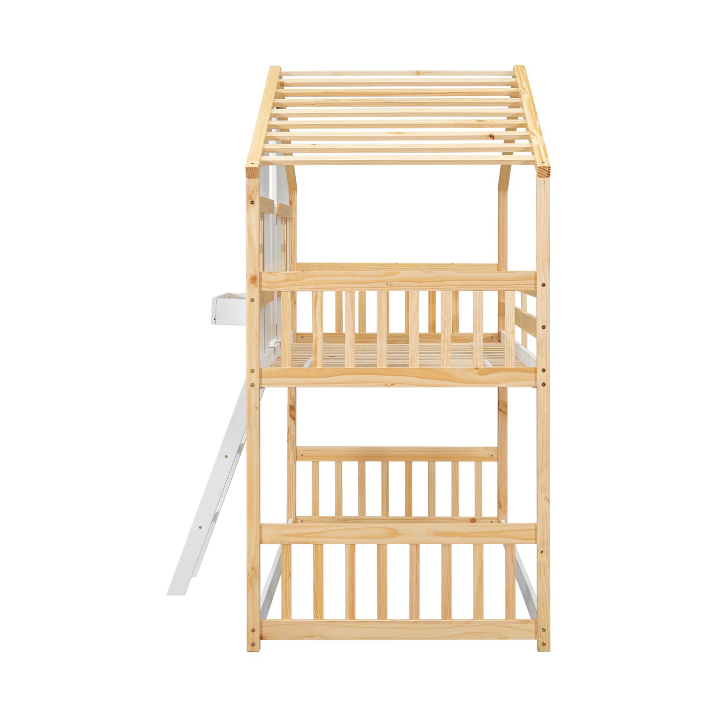 Twin over Twin House Bunk Bed with Roof , Window, Window Box, Door , with Safety Guardrails and Ladder, Natural/White