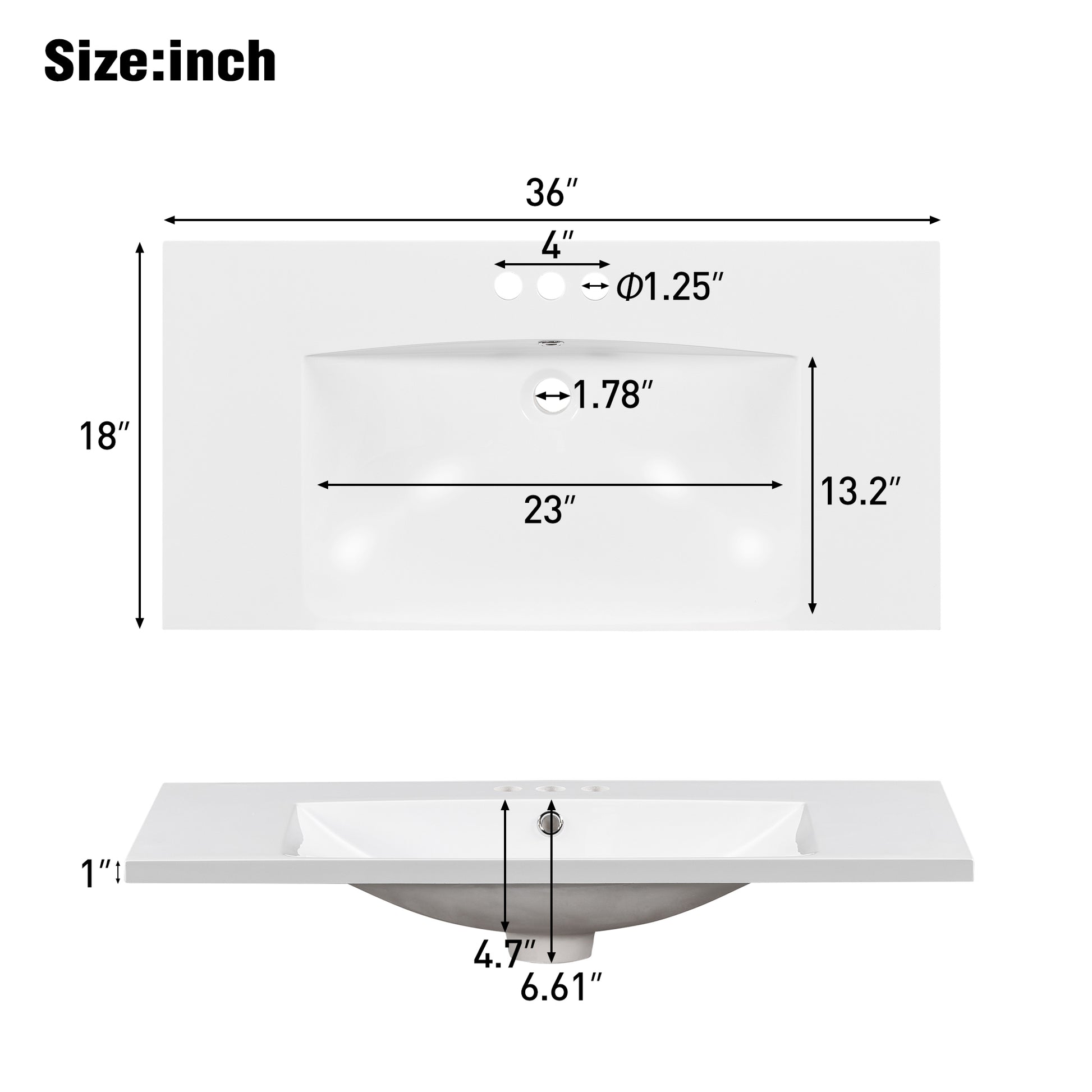 36" Single Bathroom Basin Sink, Vanity Top Only, 3-Faucet Holes, Resin - NOVADI