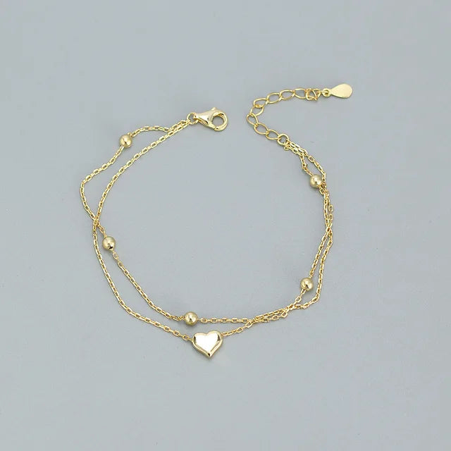 925 Sterling Silver Double Layer Heart-shaped Bracelet  for Women Girl Korean Style Small Fresh Summer Bracelet